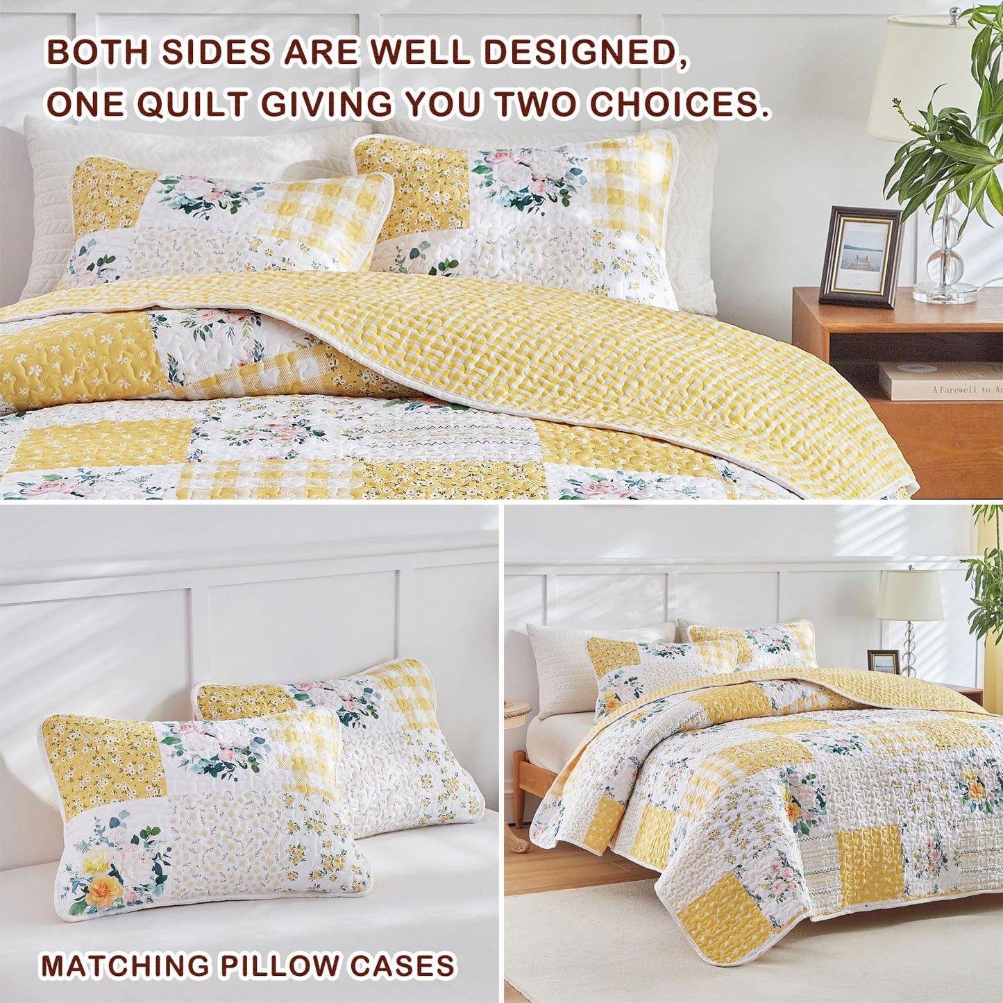 Joyreap 2 Pieces Floral Quilt Set Twin, Patchwork Yellow n White Design, Smooth Soft Microfiber Quilt, Bedspread Bed Cover for All Season, 1 Quilt and 1 Pillow Sham- 68x86 inches
