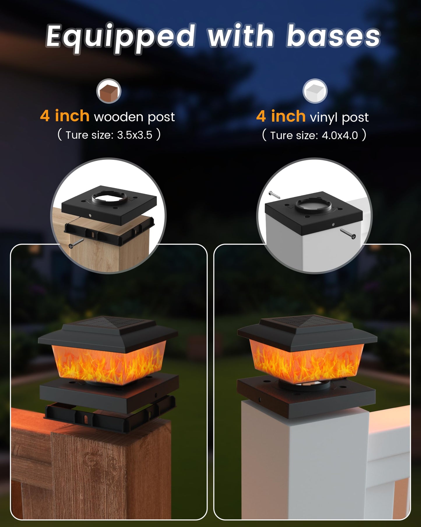 VOLISUN Solar Fence Post Cap Lights 6pack, Black Solar Deck Cap Flame Light Outdoor Waterproof, High Brightness Flickering Flame SMD LED Lighting, for 4x4 Wooden/4x4 5x5 Vinyl Post