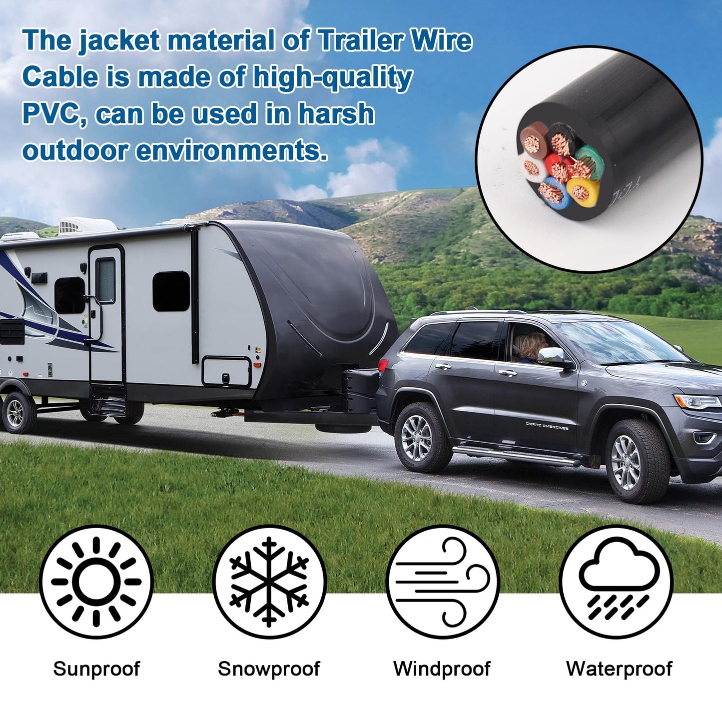 XRDS -RF Premium 14 Gauge 7-Way Conductor Wire - 20 Feet, Weatherproof and Flexible Trailer Cable for RVs, Campers, Trailers, 7-Pin Connector