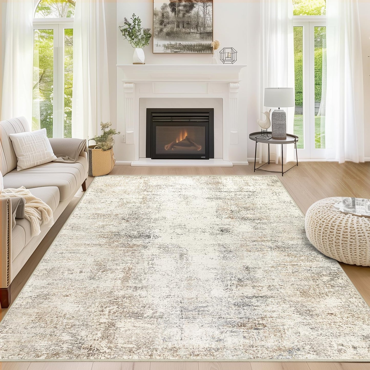 Capslpad Modern Abstract Area Rugs 5x7 Washable Rug for Living Room Non-Slip Farmhouse Rug Low Pile Soft Non-Shedding Beige Abstract Pattern Large Rugs for Bedroom Office Dining Room