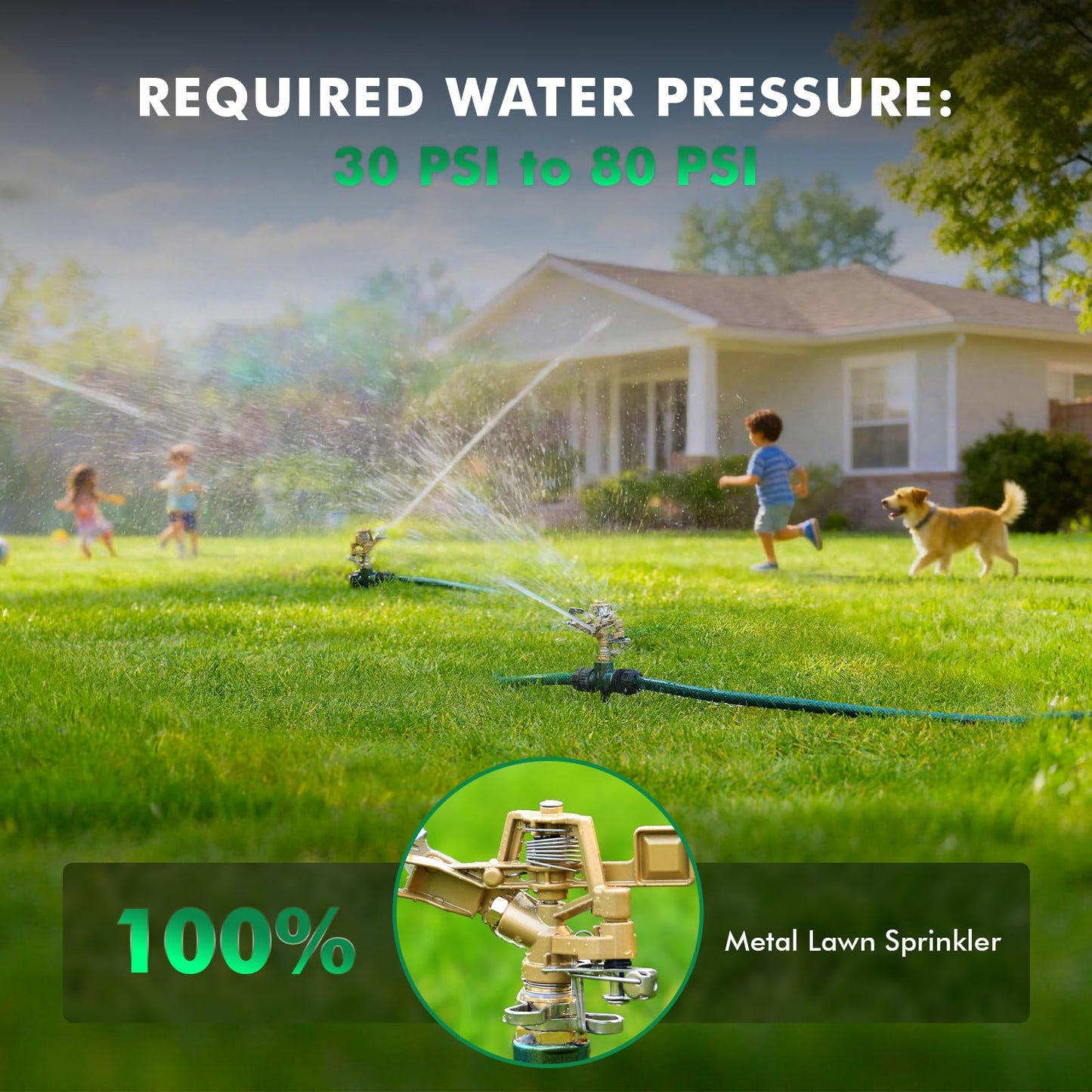 RESTMO 2 Pack Heavy Duty All-Metal Impact Sprinkler, Zinc Alloy Lawn Sprinkler Head on Sturdy Spike Base, 360° Adjustable Coverage Nozzle for Large Area Irrigation