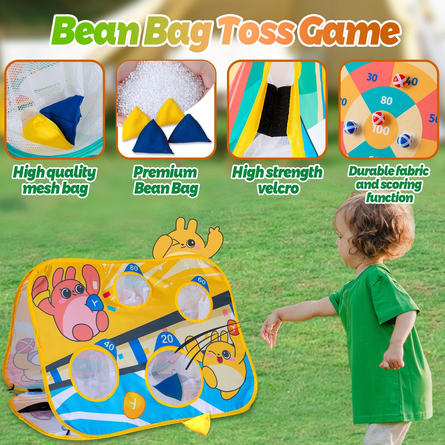 Giant 3-in-1 Bean Bag Toss Game for Kids, Toddler Toys Soccer Goal Board, Dartboard, Outdoor Outside Carnival Combo Set for Backyard Beach Lawn Party Fun, Birthday for Boys Girls 1-3 2-4 4-8