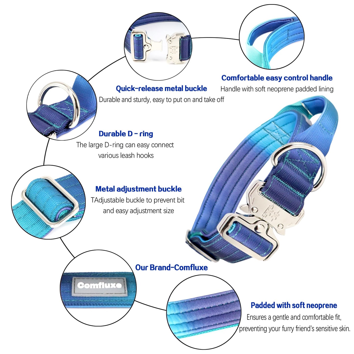 Comfluxe Tactical Dog Collar, Wide Thick Heavy Duty Dog Collar with Handle, Soft Neoprene Padded Military-Grade Nylon Training Collar with Quick Release Metal Buckle for Large Dogs (Blue, M)