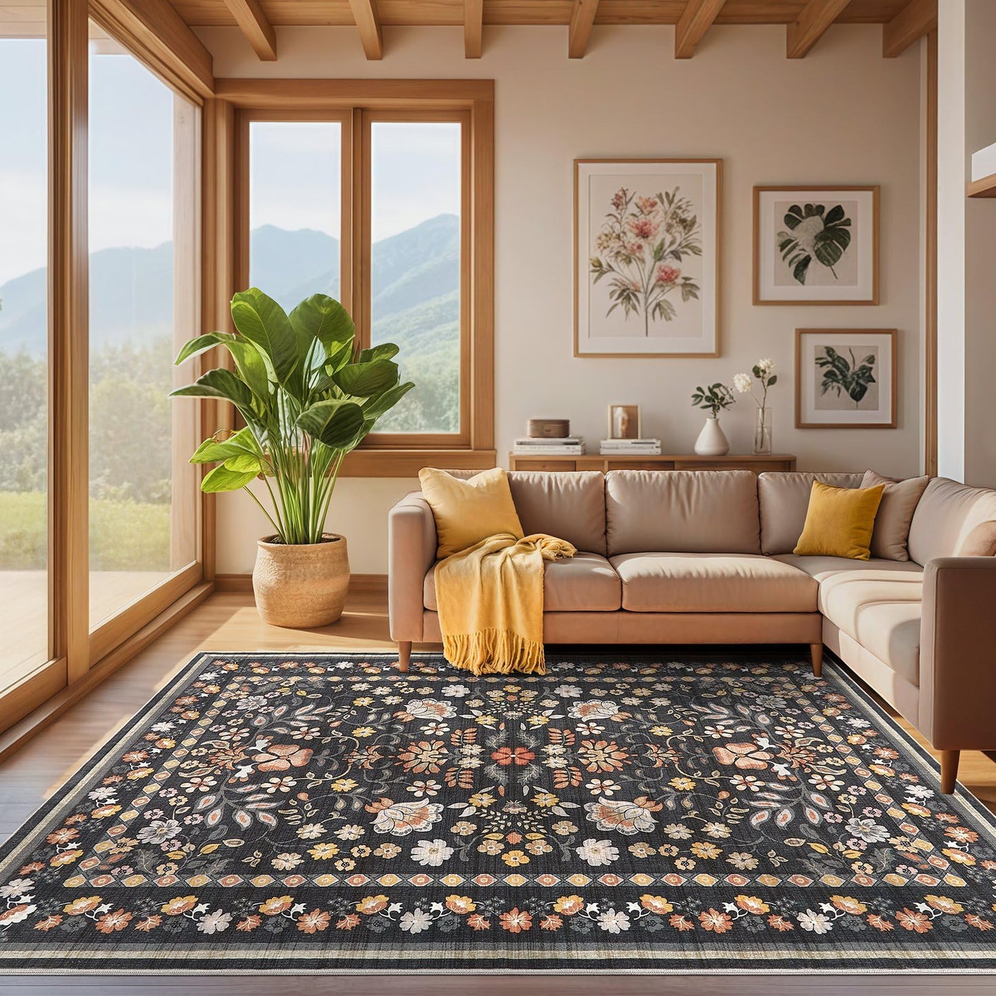 Uermei 5x7 Area Rug for Living Room: Washable Boho Floral Soft Non-Slip Low Pile Carpet for Bedroom Dining Room Kids Playroom Office Decor Indoor-Black Grey