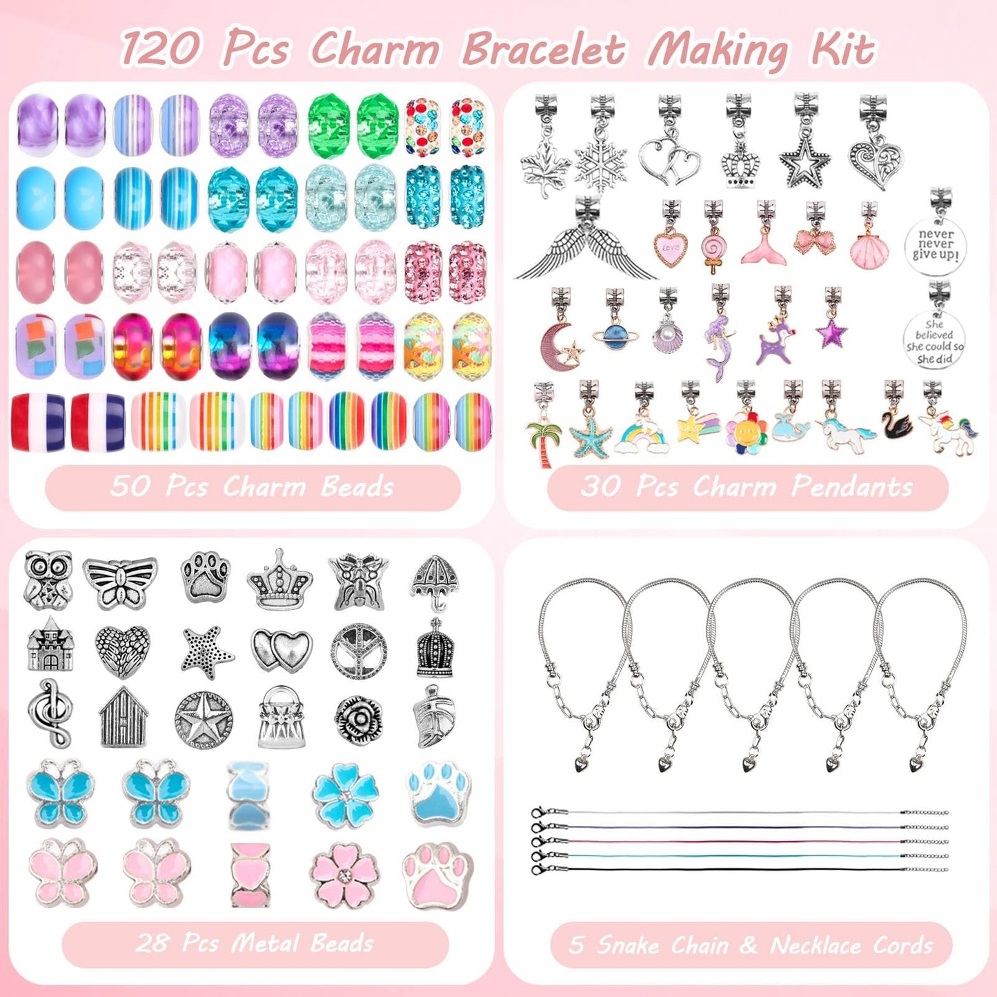 UFU Charm Bracelet Making Kit, 120Pcs DIY Jewelry Making Kit Arts & Crafts Gift for Girls 5 6 7 8-12, A Sweet Birthday Gift & Toy to Inspire Imagination & Creativity, with Portable Jewelry Box