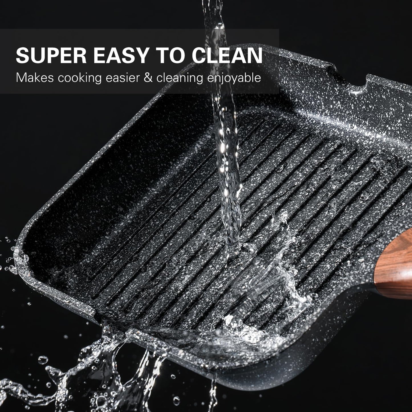 Kordisen Nonstick Grilling Pan for Stove Tops, 11 Inch Square Grill Pan for Indoor Cooking, Granite Coating Grill Skillet with Pour Spouts, Versatile Griddle, Induction Steak Pan, PFOA Free