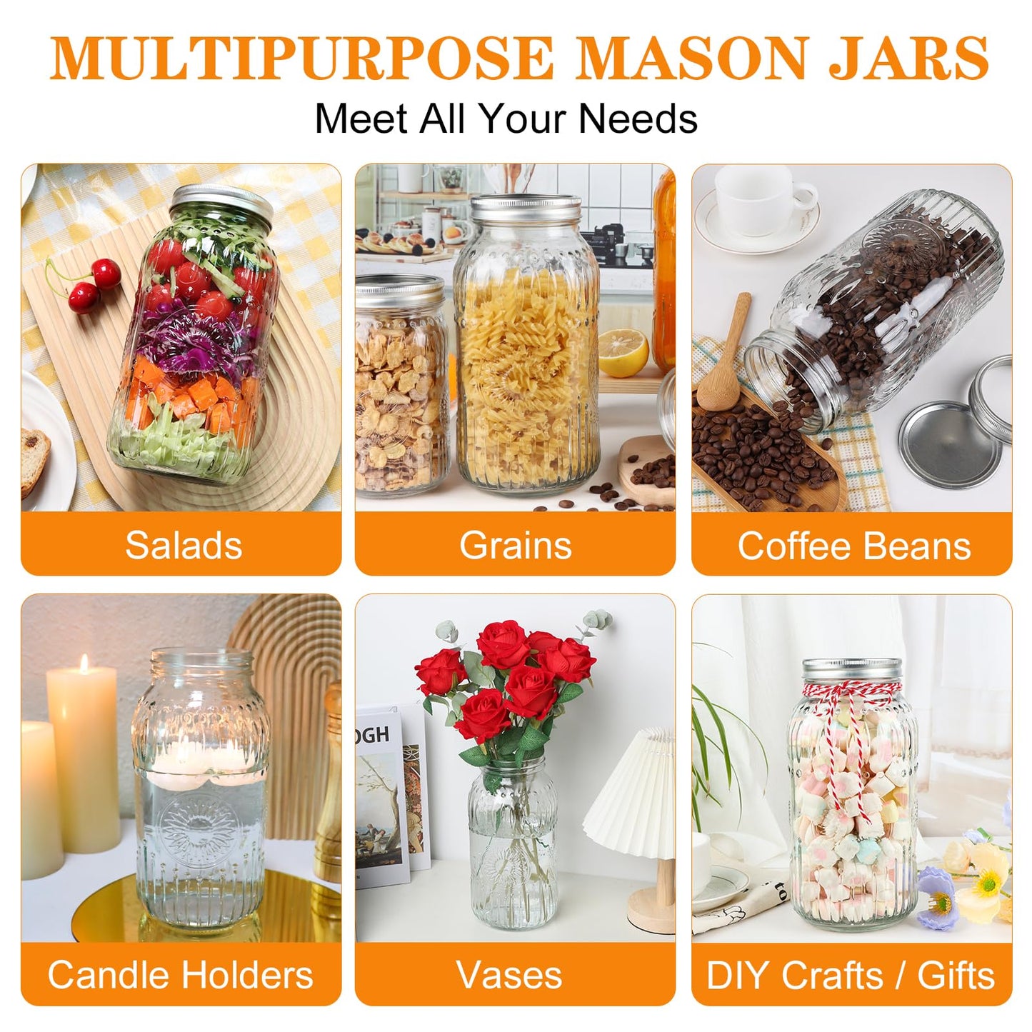 HINGWAH Wide Mouth Mason Jars 64 oz, 3 Pack Large Half Gallon Mason Jars with Airtight Lids and Bands, Clear Glass Canning Jars for Preserving, Pickling, Canning, Meal Prep & DIY Crafts (Sunflower)