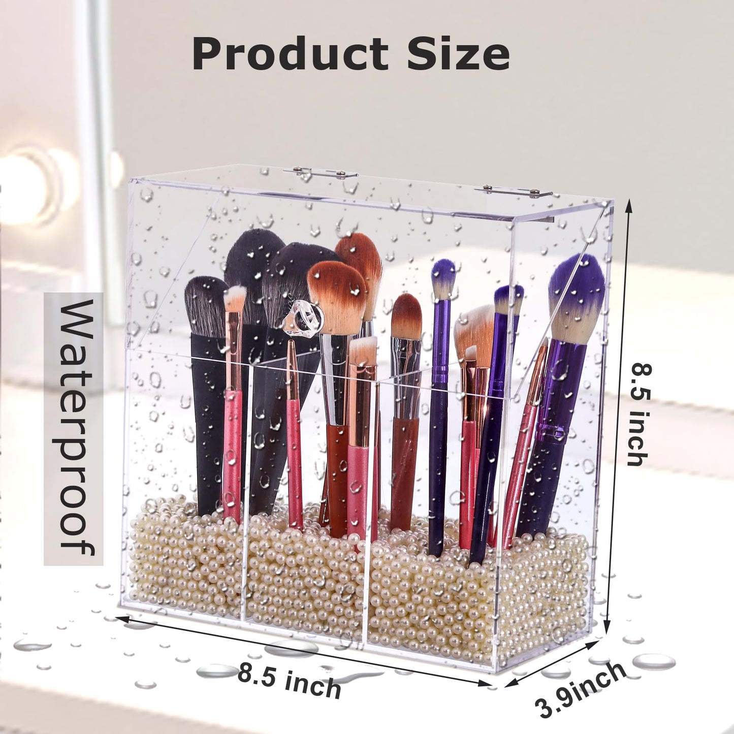 LOHRYVIO Acrylic Makeup Brush Holder with Lid - Clear Cosmetic Make up Brush Organizer and Storage Box with Dustproof Cover for Vanity - Large Capacity 3-Slots Container for Brushes (Clear)