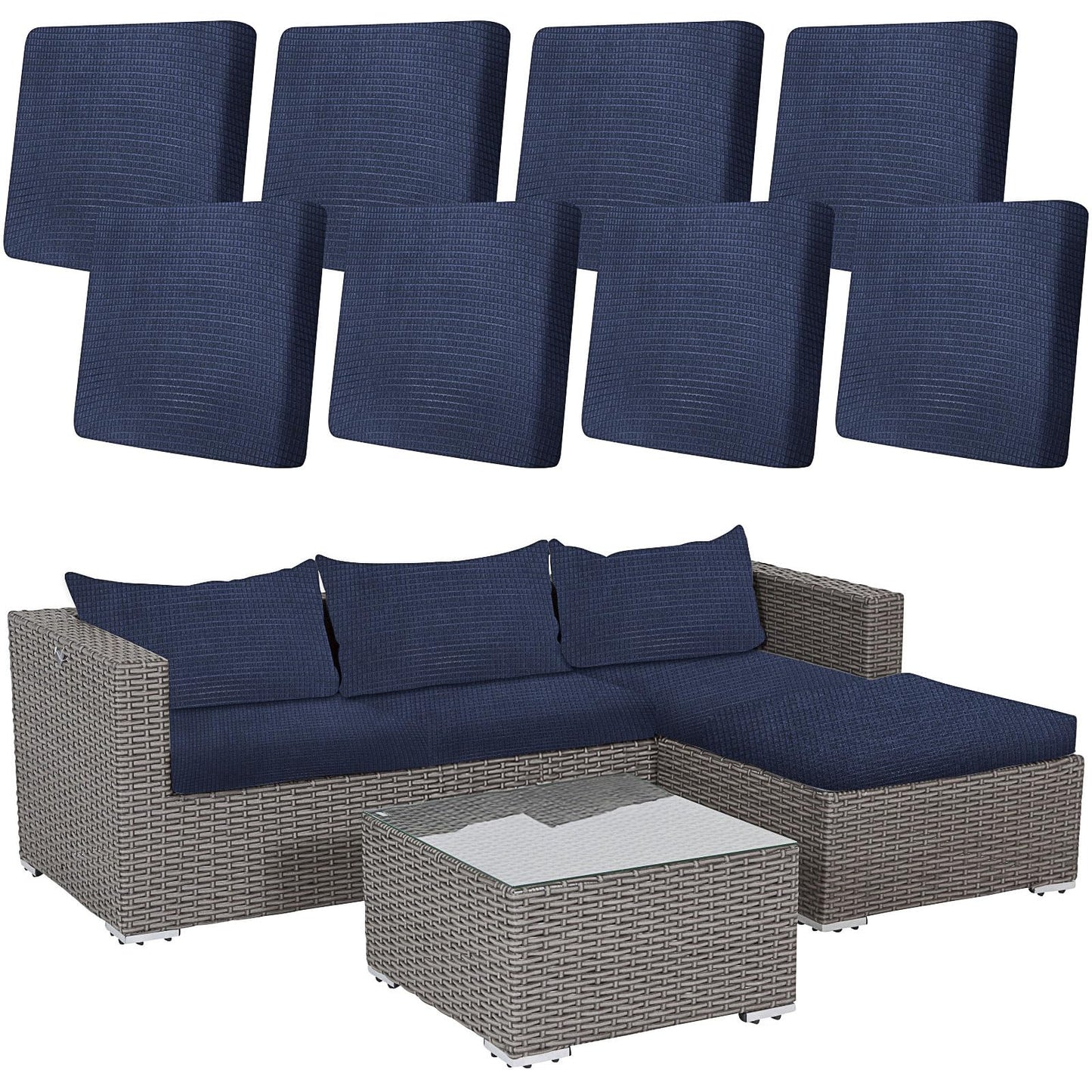 8 Pcs Stretch Patio Cushion Covers Waterproof Outdoor Cushion Covers Replacement,Outdoor Sofa Cover Patio Slipcovers,Indoor Washable Furniture Protector(Navy,Cover Only)
