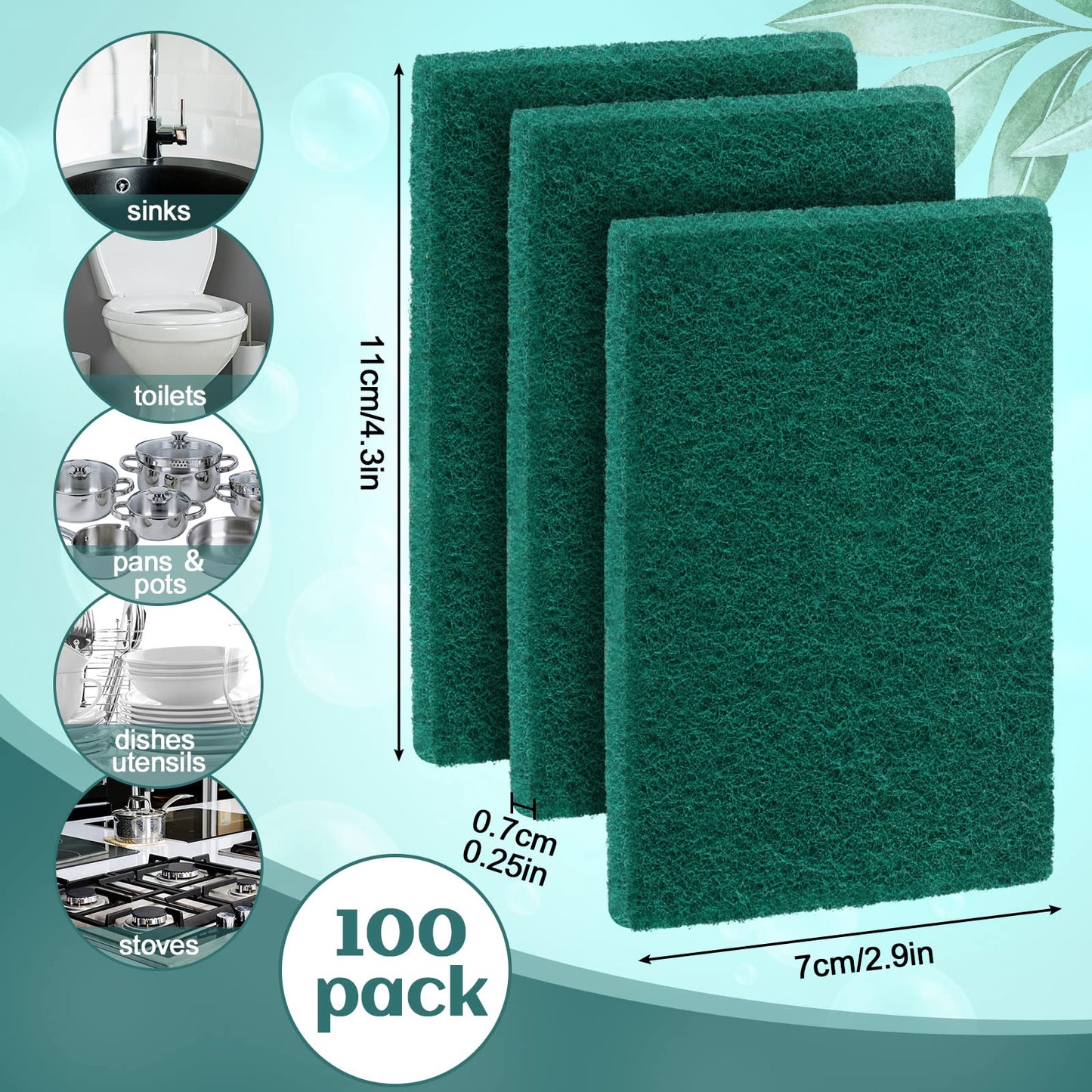 Hoolerry 100 Pcs Heavy Duty Scouring Pads Non Scratch Household Scrub Pads for Cleaning Reusable Pan Scrubber Anti Grease Green Scrubbing Pads for Dish Kitchen Metal Grills, Green, 4.3 x 3 x 0.3 Inch