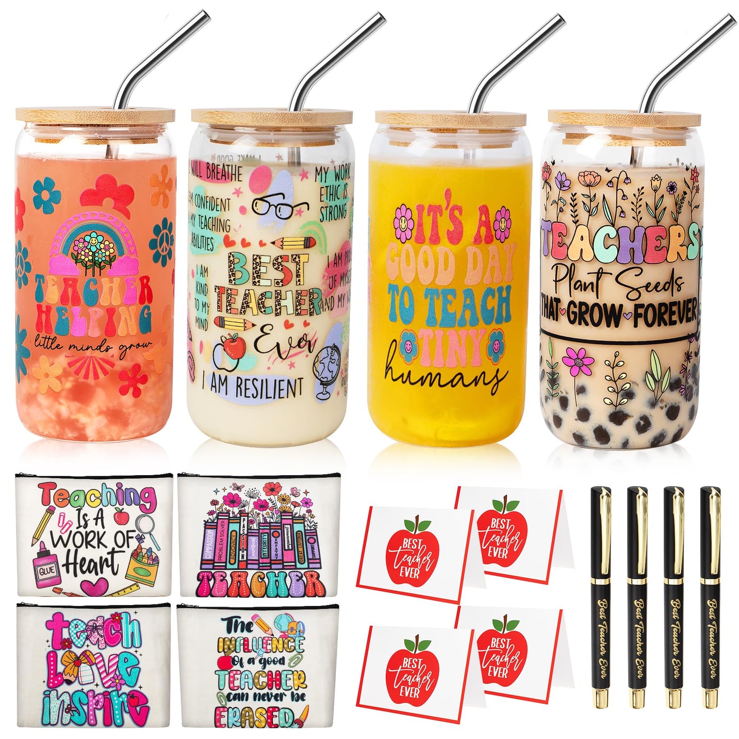 WOFIROY 16 Pieces Teacher Appreciation Gifts in Bulk 4 Set, Thank You Teacher Gifts with 4 16 Oz Glass Cup, 4 Makeup Bag, 4 Pens, 4 Greeting Cards, End of Year, Graduation, Christmas Gift for Teachers