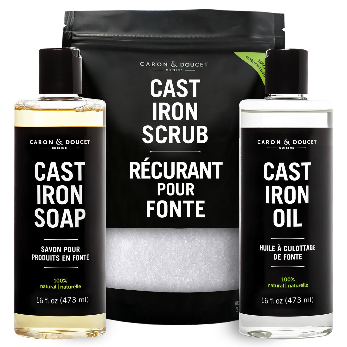CARON & DOUCET – Ultimate Cast Iron Set Plus: Seasoning Oil, Cleaning Soap & Restoring Scrub | 100% Plant-Based & Best for Cleaning Care, Washing, Restoring & Seasoning Skillets, Pans & Grills!