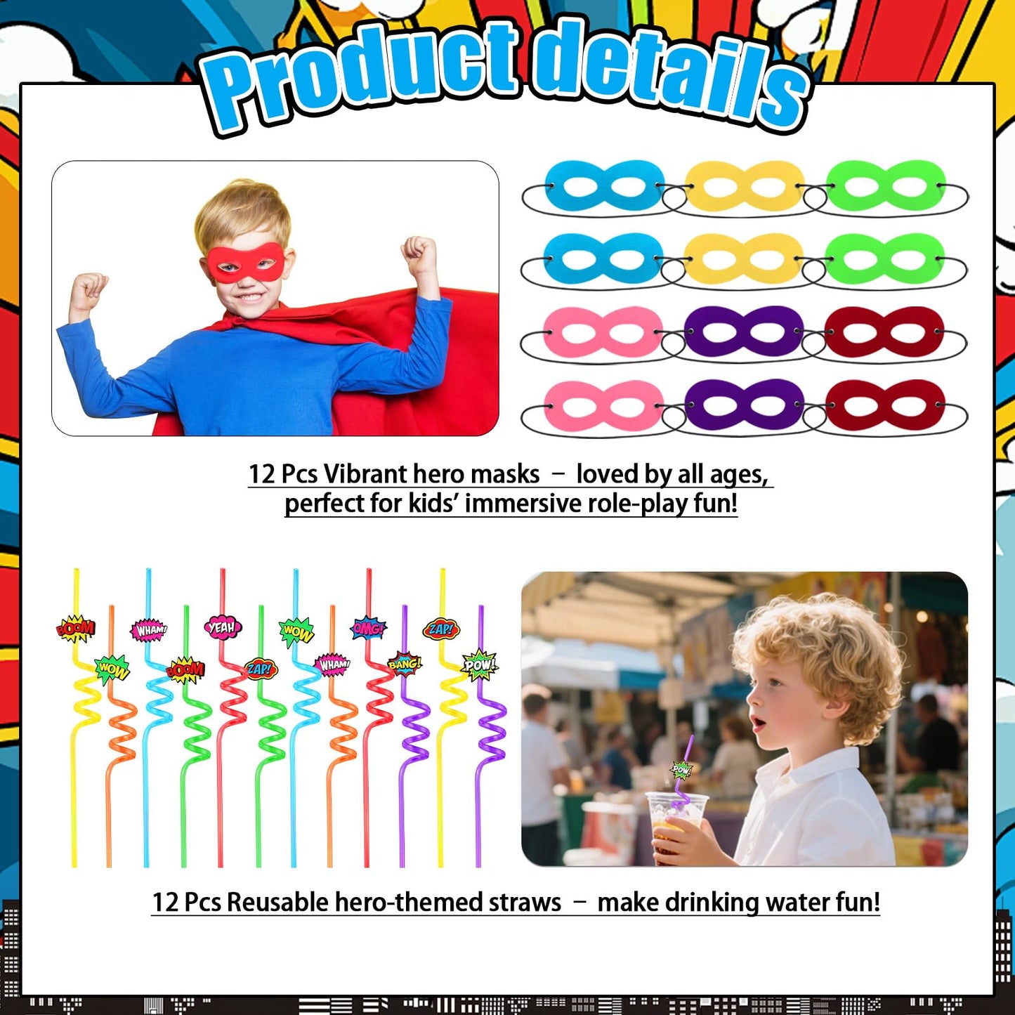 158Pcs Hero Party Favors - 12 Guests Set, with Goodie Bag Mask Straw Slap Bracelets Keychain Party Blowers Stickers Sticky hands for Birthday Decorations & Pinata Fillers