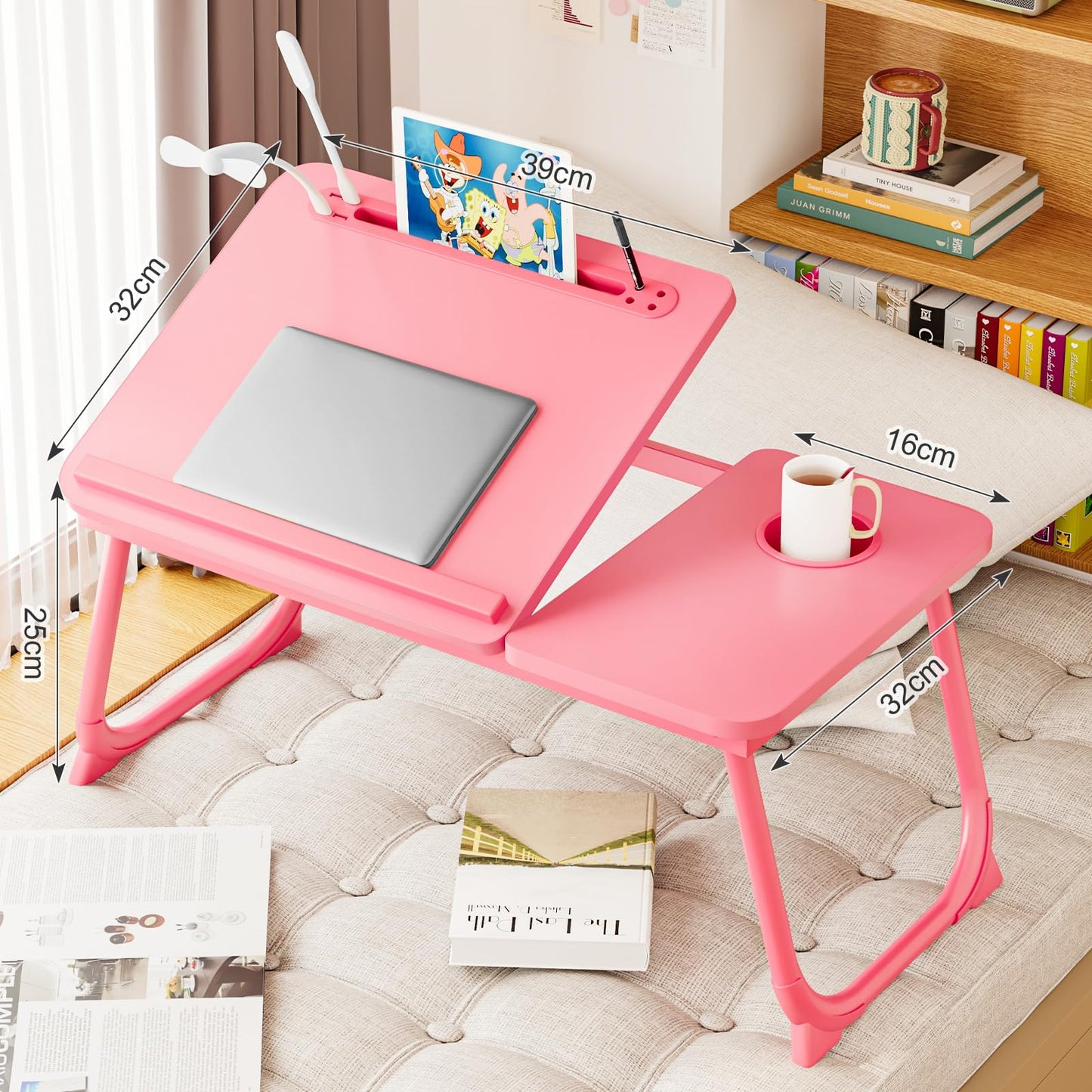 Laptop Desk for Bed, Adjustable Laptop Stand with 5 Adjustable Angles, Portable Lap Tray Table with USB Charge Port and Cup Holder, Laptop Bed Desk Tray for Eating Working (Pink)