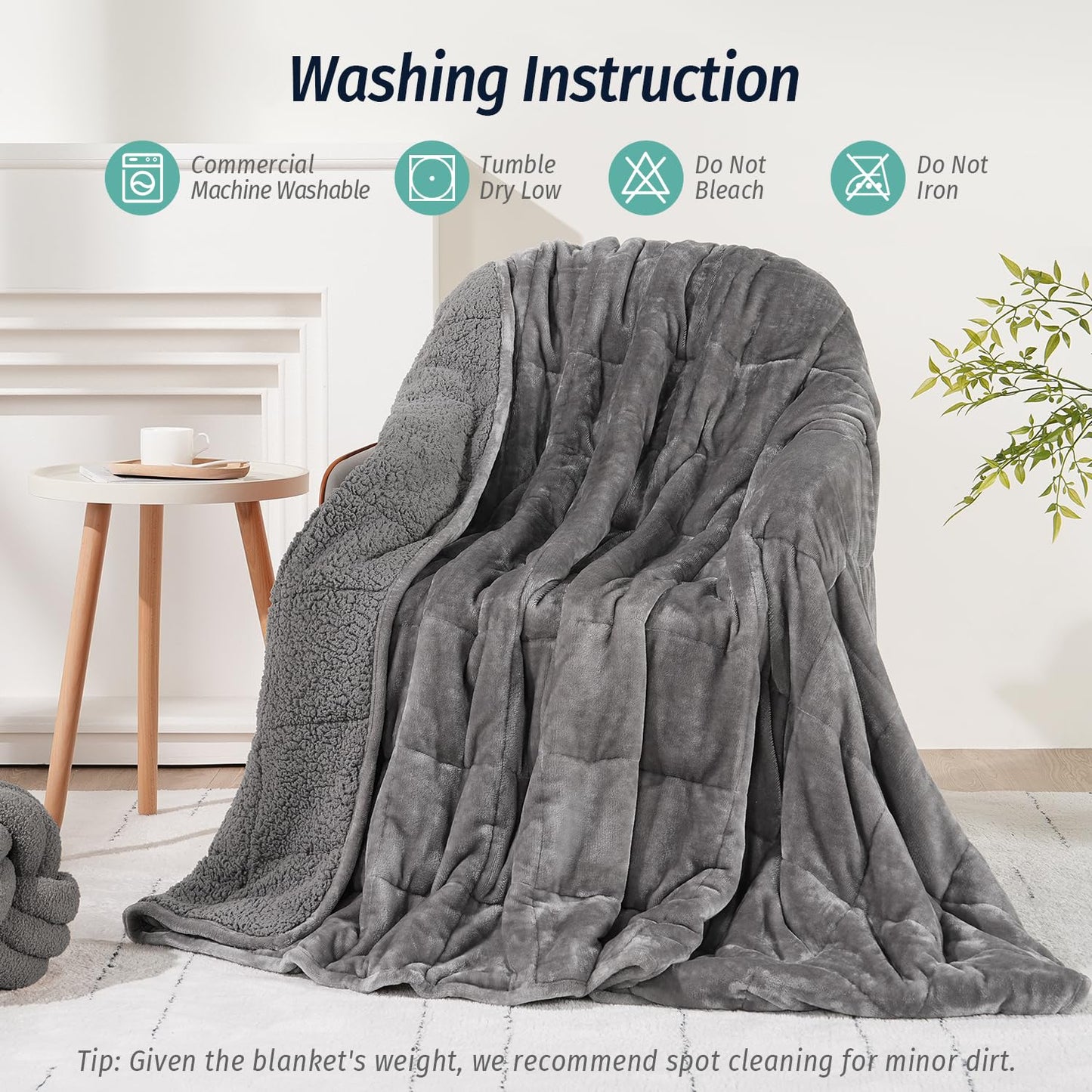 Wemore Sherpa Fleece Weighted Blanket for Adult, 15 lbs Dual Sided Cozy Fluffy Heavy Blanket, Ultra Fuzzy Throw Blanket with Soft Plush Flannel Top, 60 x 80 inches Grey on Both Sides