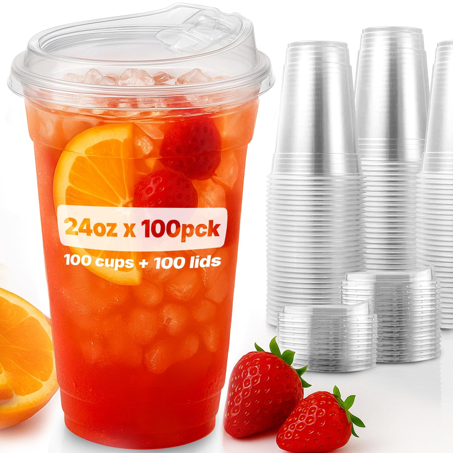 24oz Disposable Plastic Cups with Strawless Sip Lids – Set of 100 Clear PET Cups with Flat Sip Cover for Cold Beverages – Pack with 100 Units, 24 oz
