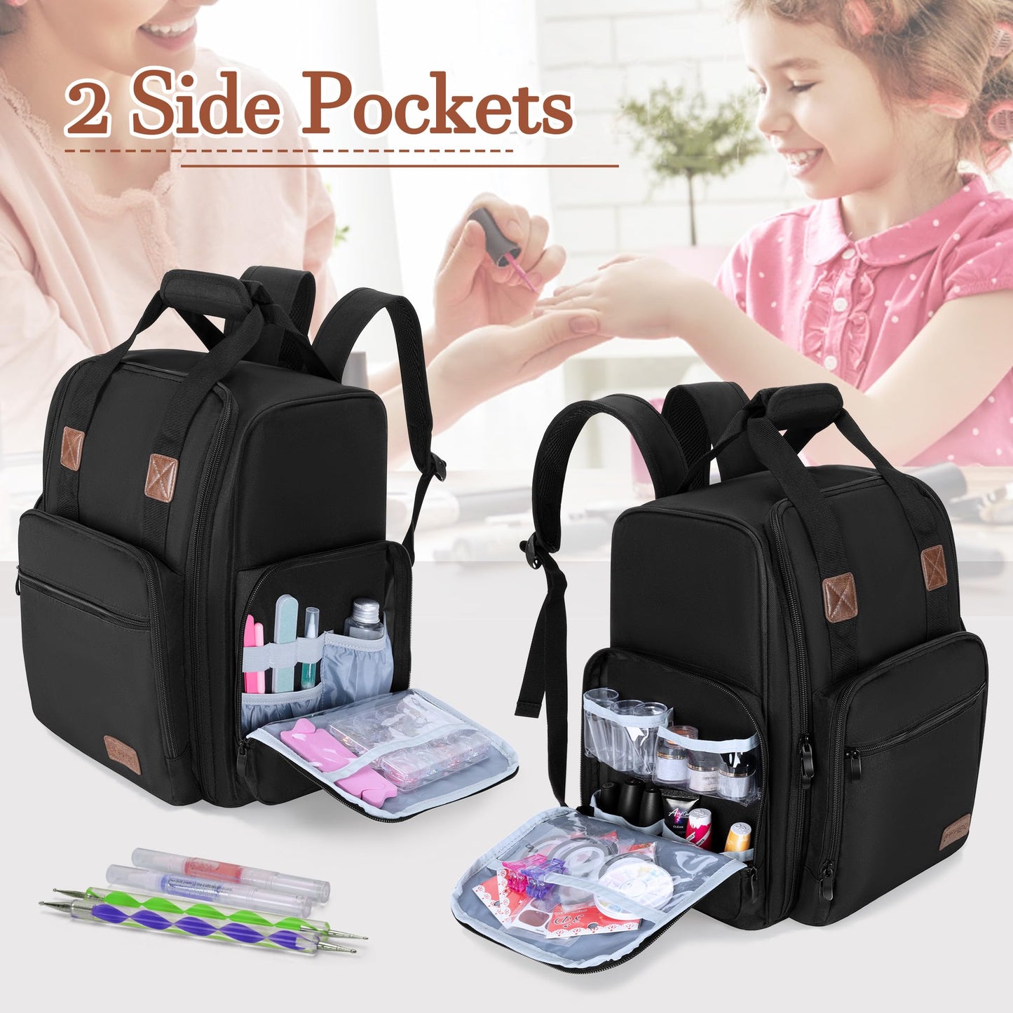 BAFASO Nail Polish Organizer Backpack Holds 105 Bottles (15ml - 0.5fl.oz) and a Nail Lamp, Nail Polish Backpack with 3 Removable Pouches and Multiple Tools Storage Pockets (Patented), Black, Bag Only