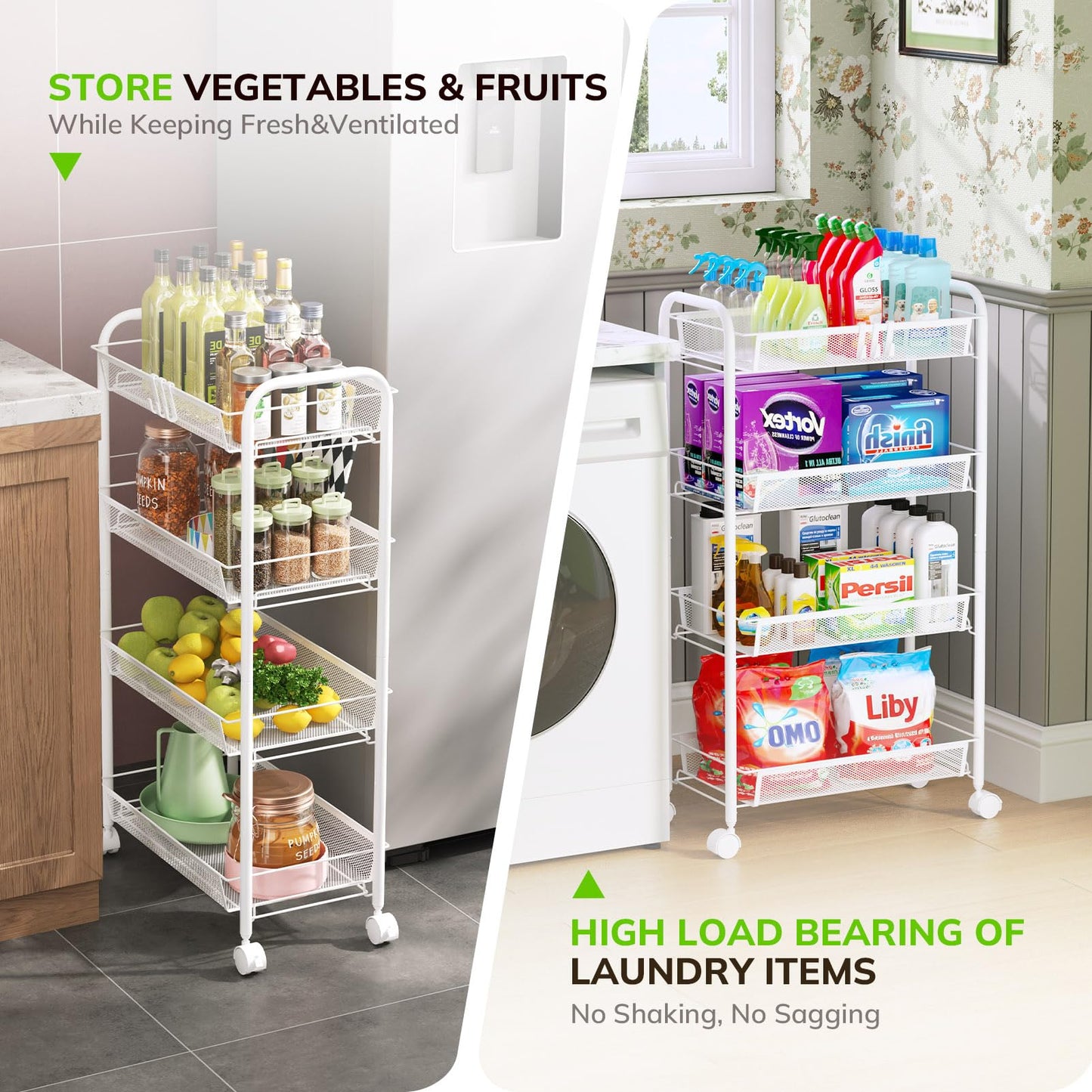 Goovilla 4-Tier Metal Rolling Cart, Mesh Wire Easy Assemble Utility Cart, Storage Trolley on Wheels with 4 Hooks, Metal Storage Shelving Units for Kitchen Bathroom Laundry Living Room, White