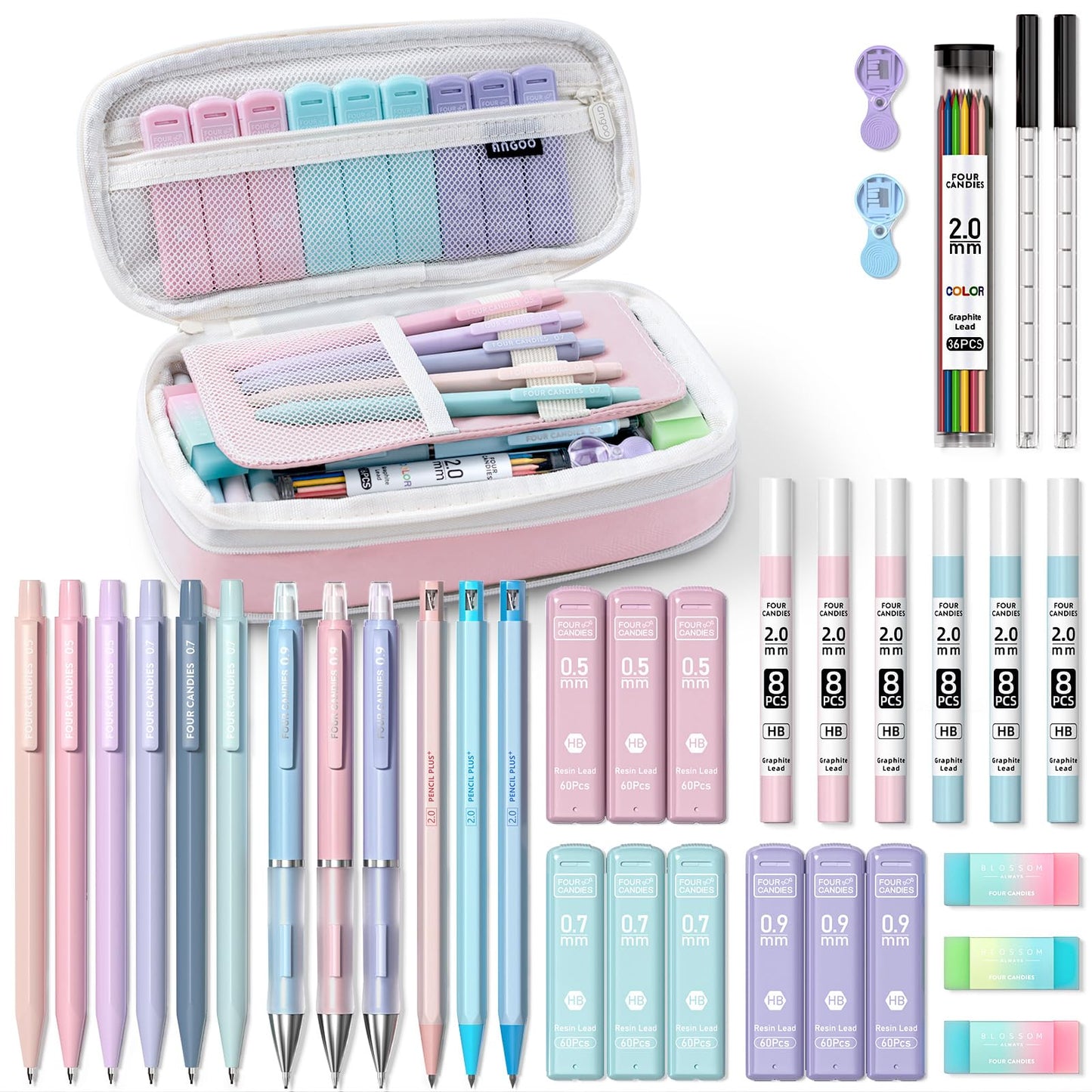 Four Candies 36PCS Aesthetic School Supplies with Pencil Case, Mechanical Pencils 0.5mm, 0.7mm, 0.9mm & 2.0mm with 624PCS Lead Refills, Cute Mechanical Pencils for Writing, Drawing & Drafting (Pink)