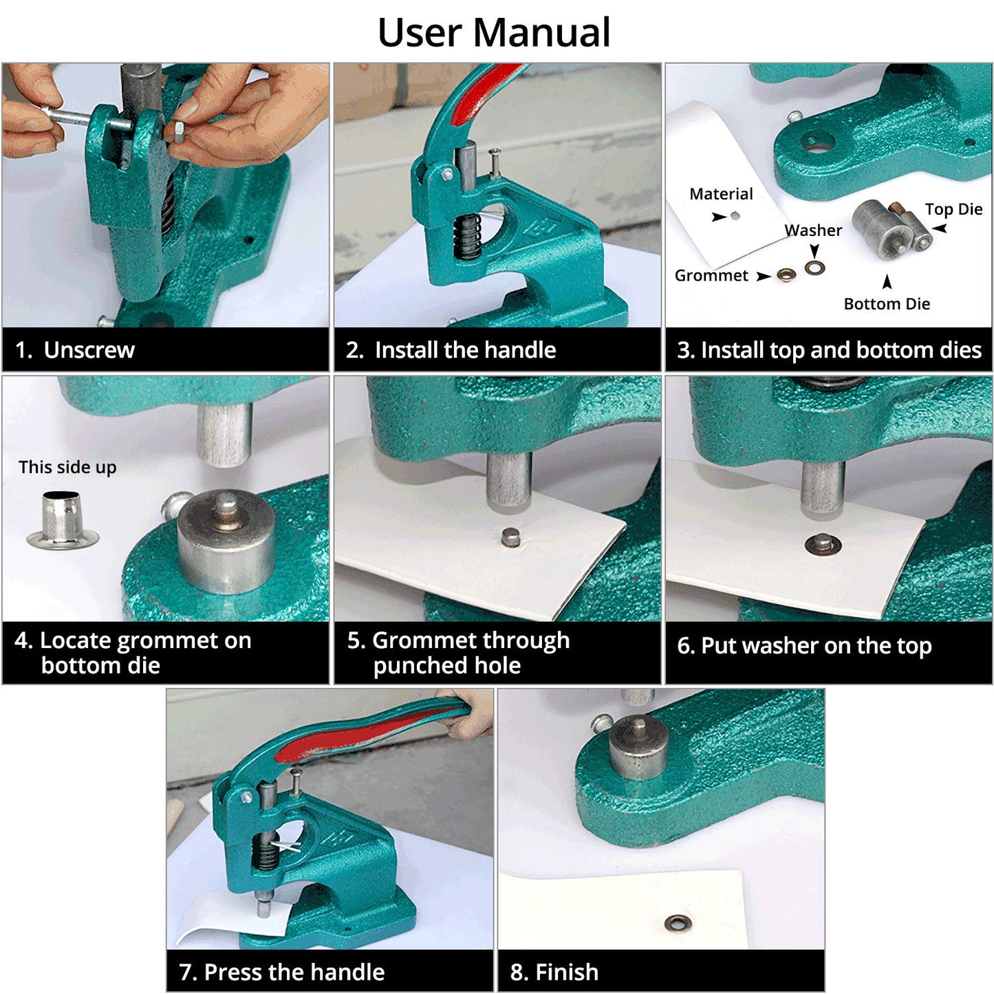 QWORK Hand Press Heavy Duty Eyelet Grommet Machine Punch Tool Kit with 3 Dies and 1500 Pcs Silver Grommets