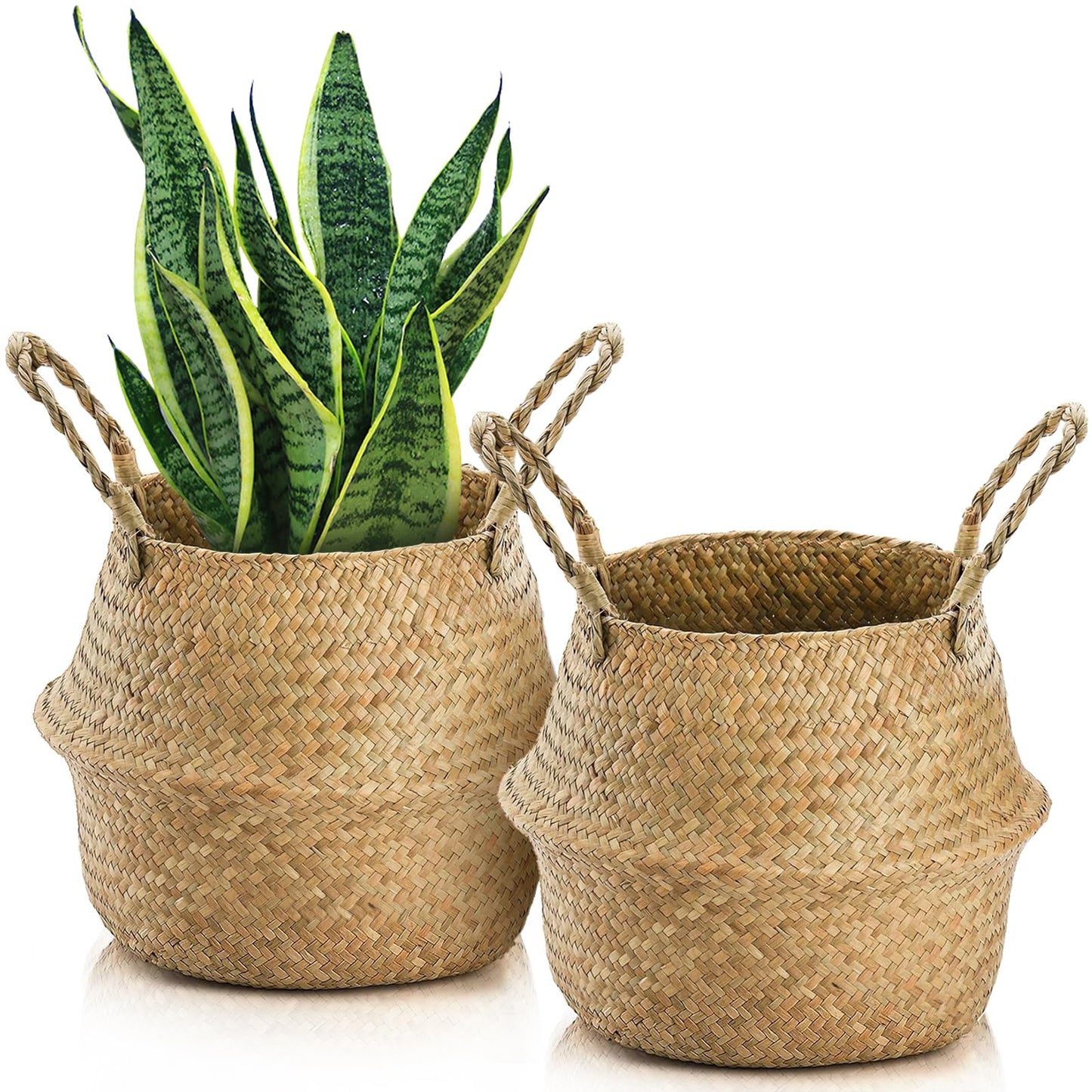 Yesland 2 Pack Woven Seagrass Plant Basket with Handles, Ideal Storage Plant Pot Cover for Laundry, Picnic, Beach Bag and Grocery Basket (L)