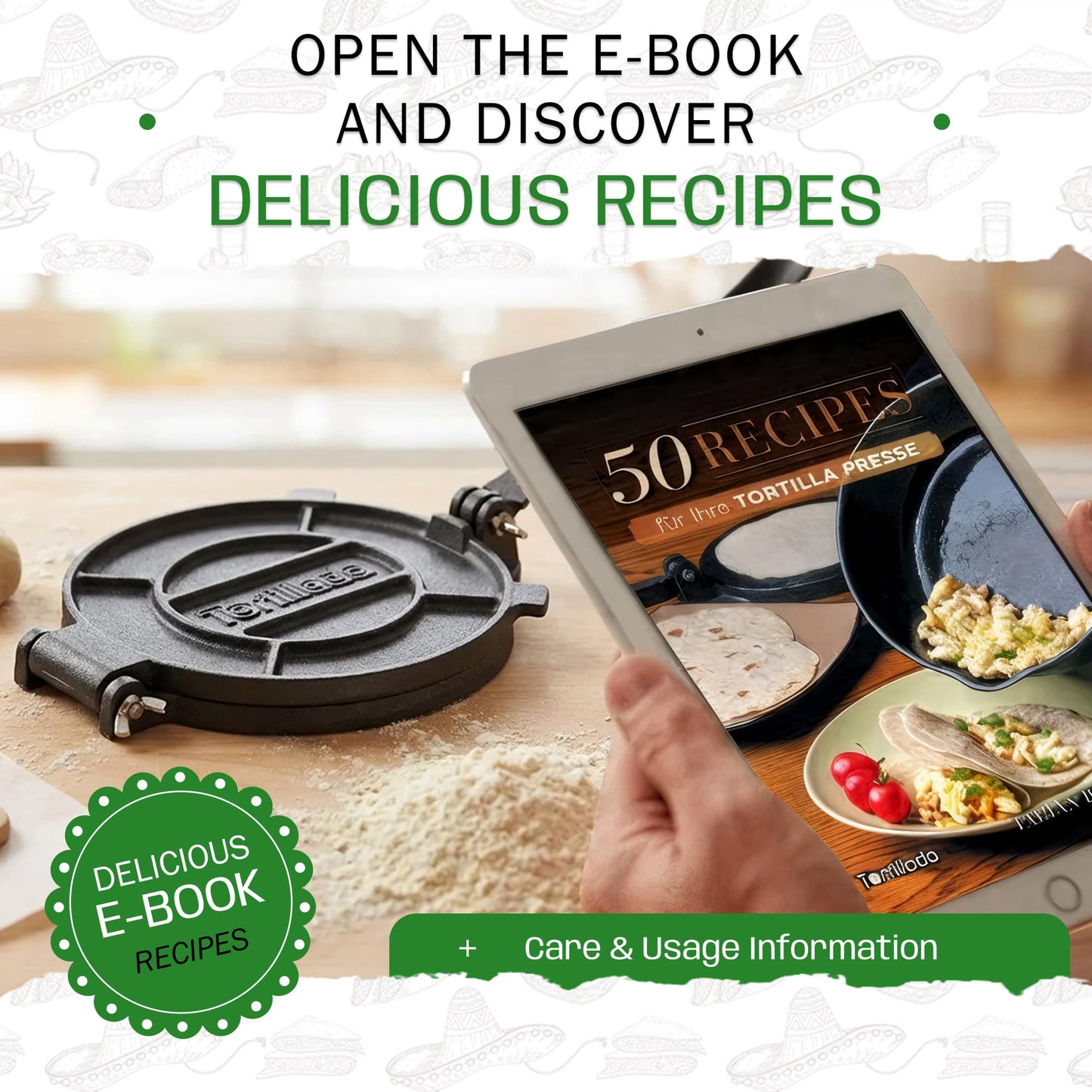 Tortillada – Premium Tortilla Press Cast Iron with Recipes E-Book (16 cm)
