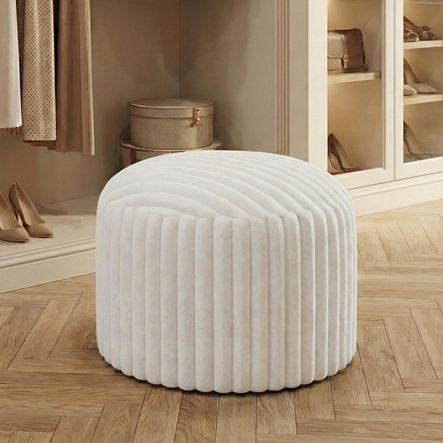 DAWNYIELD Round Stuffed Pouf Ottoman Stripe Faux Fur Footrest Stool, Solid Block Support+Soft Cushion Comfort, Removable Washable Cover, 20" Floor Pouf for Living Room Bedroom Dorm Vanity, Cream Beige