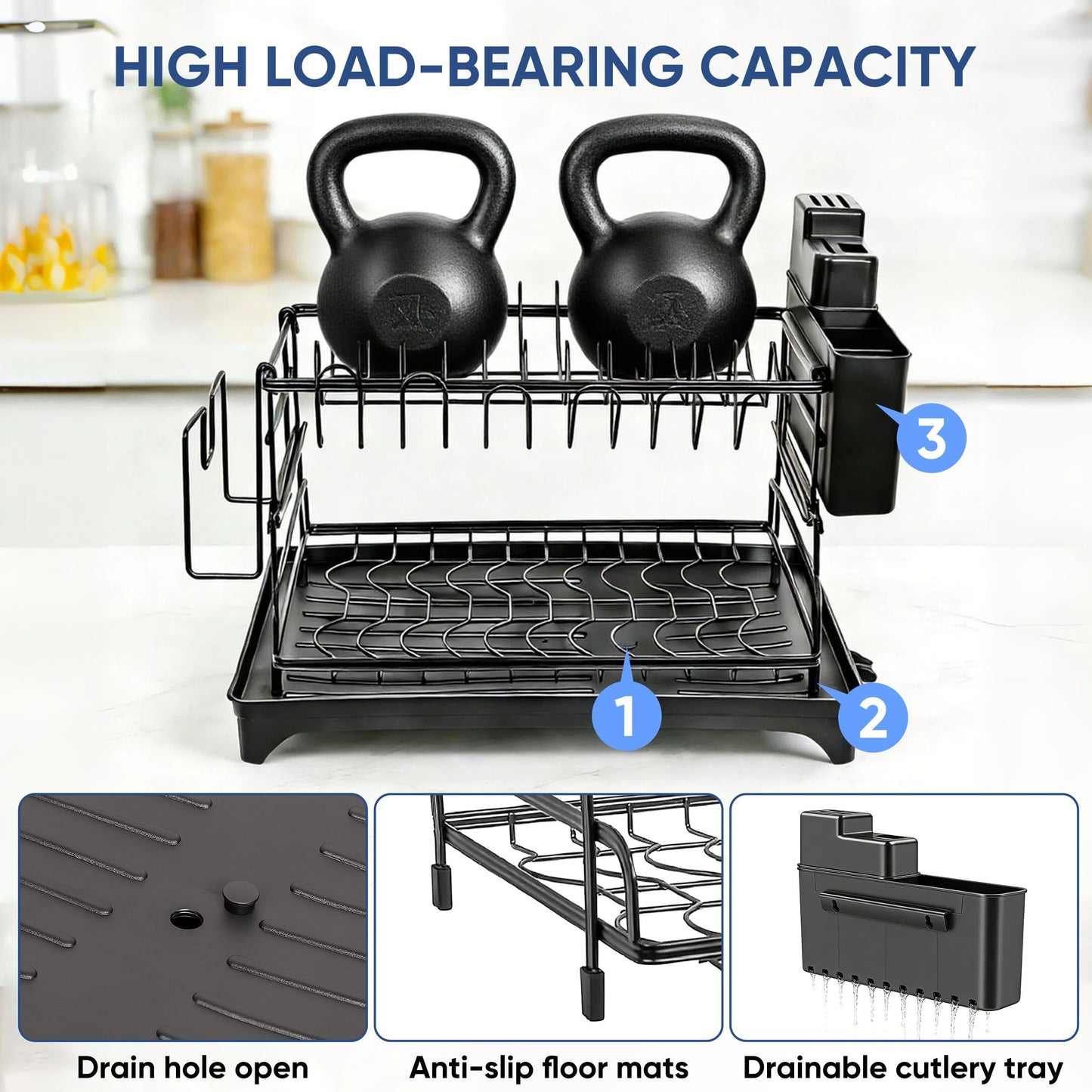 Veinvify 2 Tier Dish Drying Rack Carbon Steel Screw Free with Drainage Board Kitchen Counter Plate Bowl Utensil Holder Space Saving Black