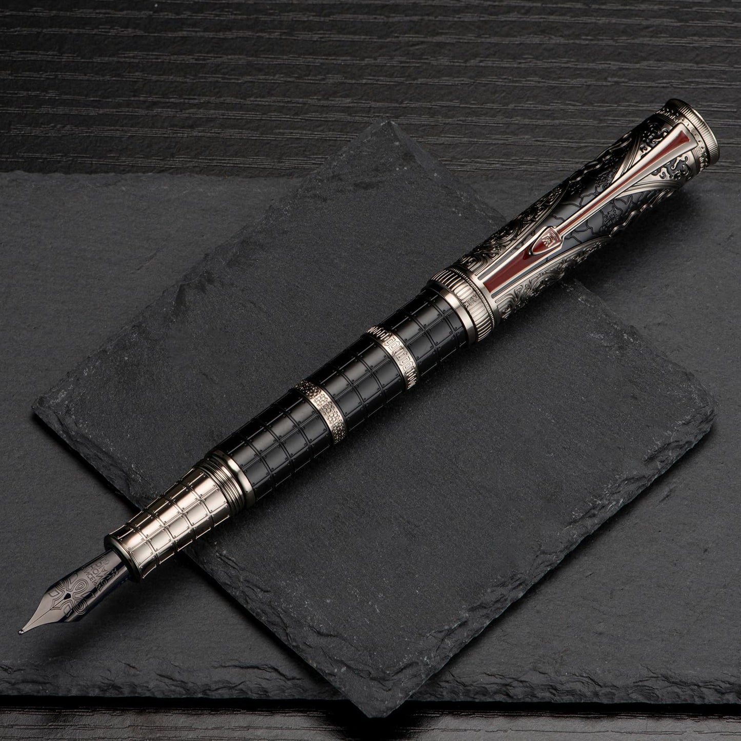 Hongdian D5X Fountain Pen Black Color Medium Nib, Qin Dynasty Retro Chinese Totem Engraving Smooth Writing Pen with Converter and Pen Box Set