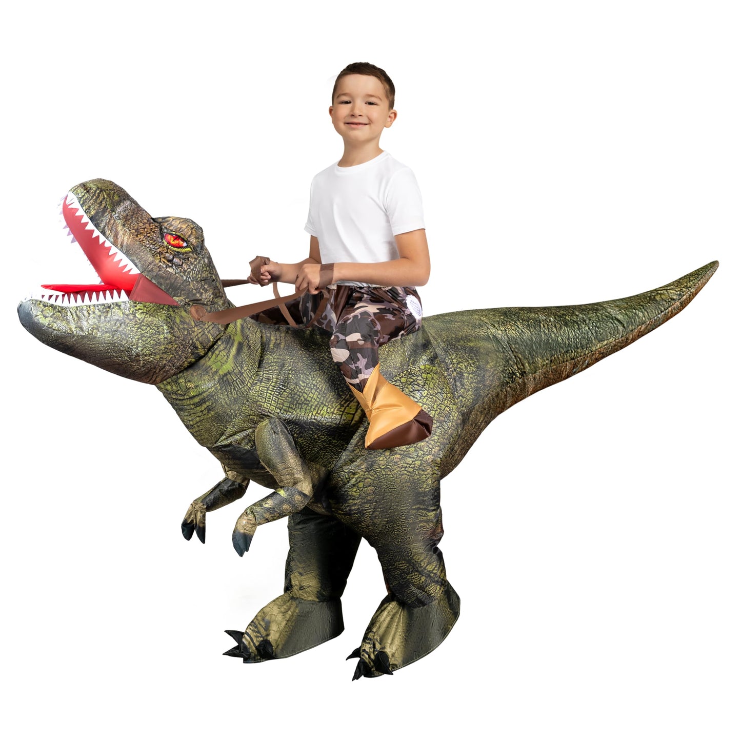 Spooktacular Creations T-Rex Inflatable Costume for Kids Digital Printing Ride-On Dinosaur for Halloween Parties Green