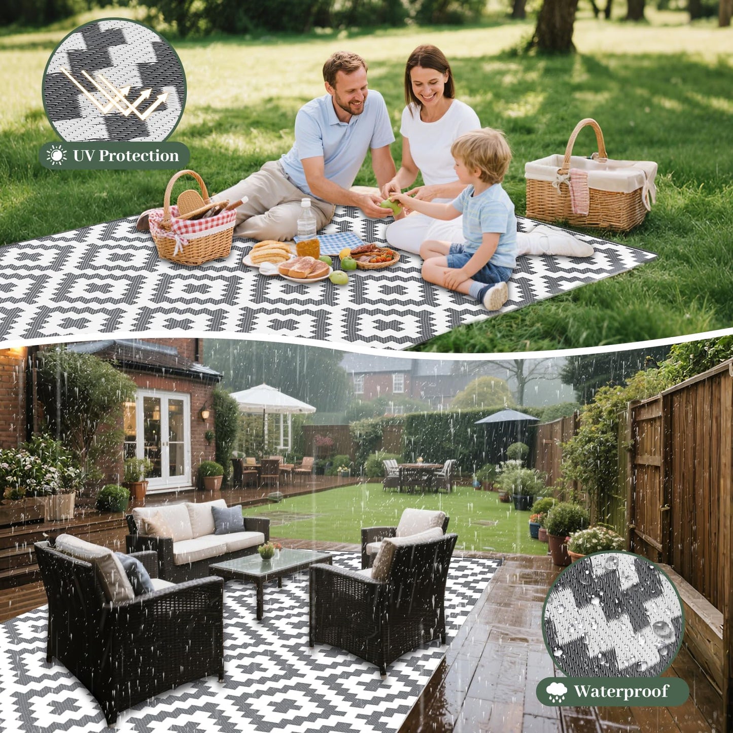 Mokani Reversible Large Outdoor Rug 8x10ft Waterproof, Geometric Anti-Slip Plastic Straw Outdoor Carpet Mat, UV Resistant Patio Rugs for Garden, RV, Deck, Camping, Picnic