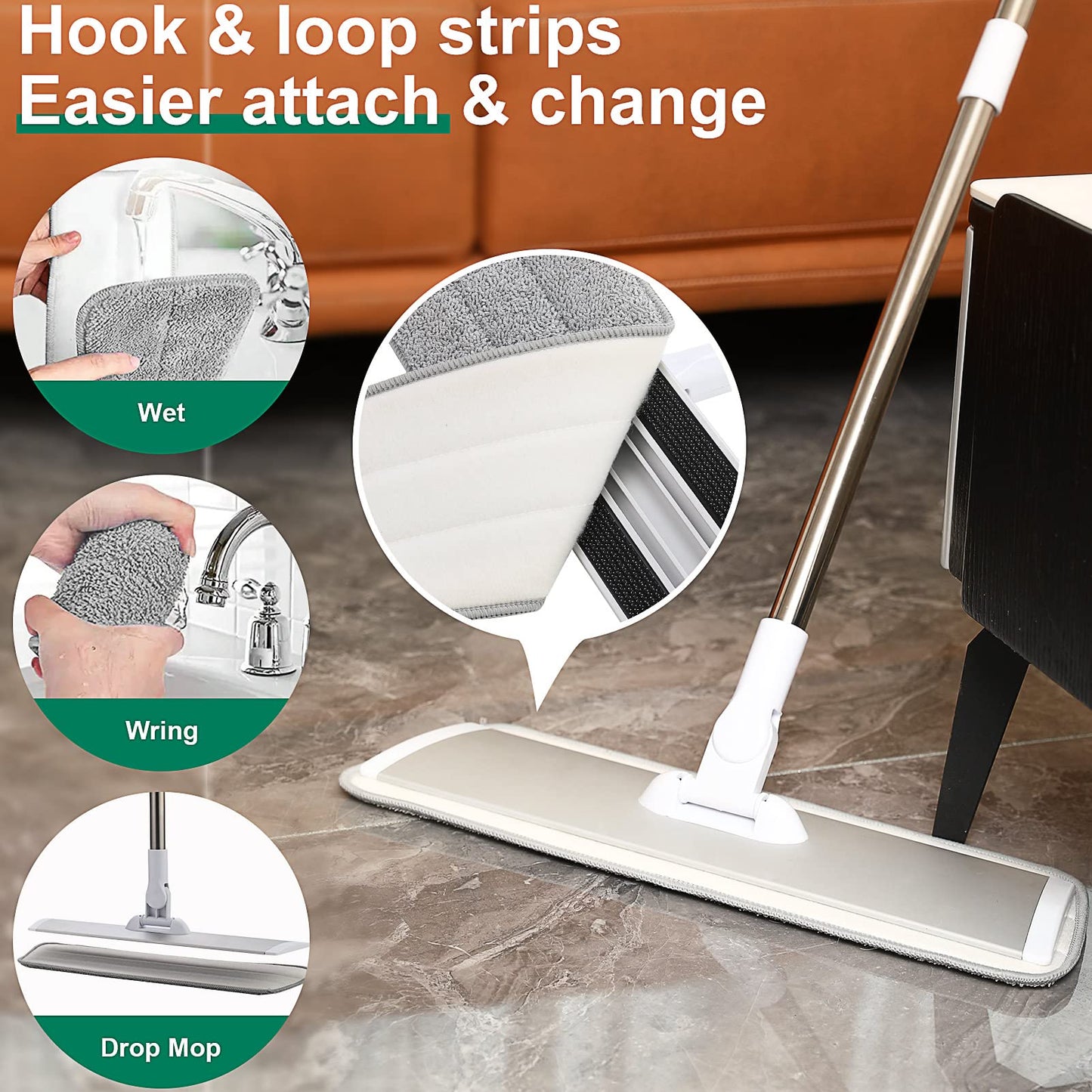 Conliwell 18" Microfiber Mop with Stainless Steel Handle, Dust Mops for Hardwood, Tile,Floor Cleaning, 2 Microfiber Mop Pads and 1 Mop Pad Cleaner