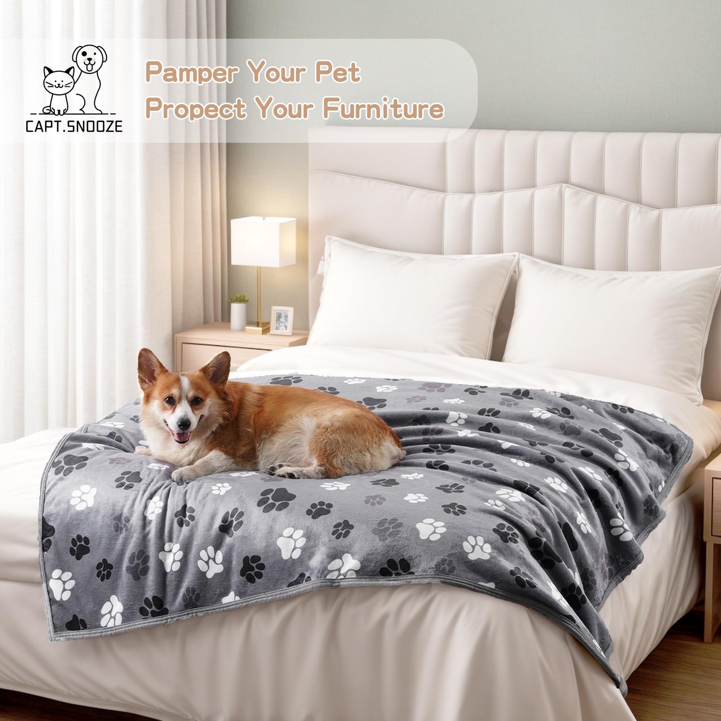 CAPT.SNOOZE Waterproof Dog Blankets Pet Blanket 60"x80", Soft Fluffy Sofa Car Bed Protector, Reversible Sherpa Fleece Dog Blanket for Large Dogs (Dark Grey-Paws)