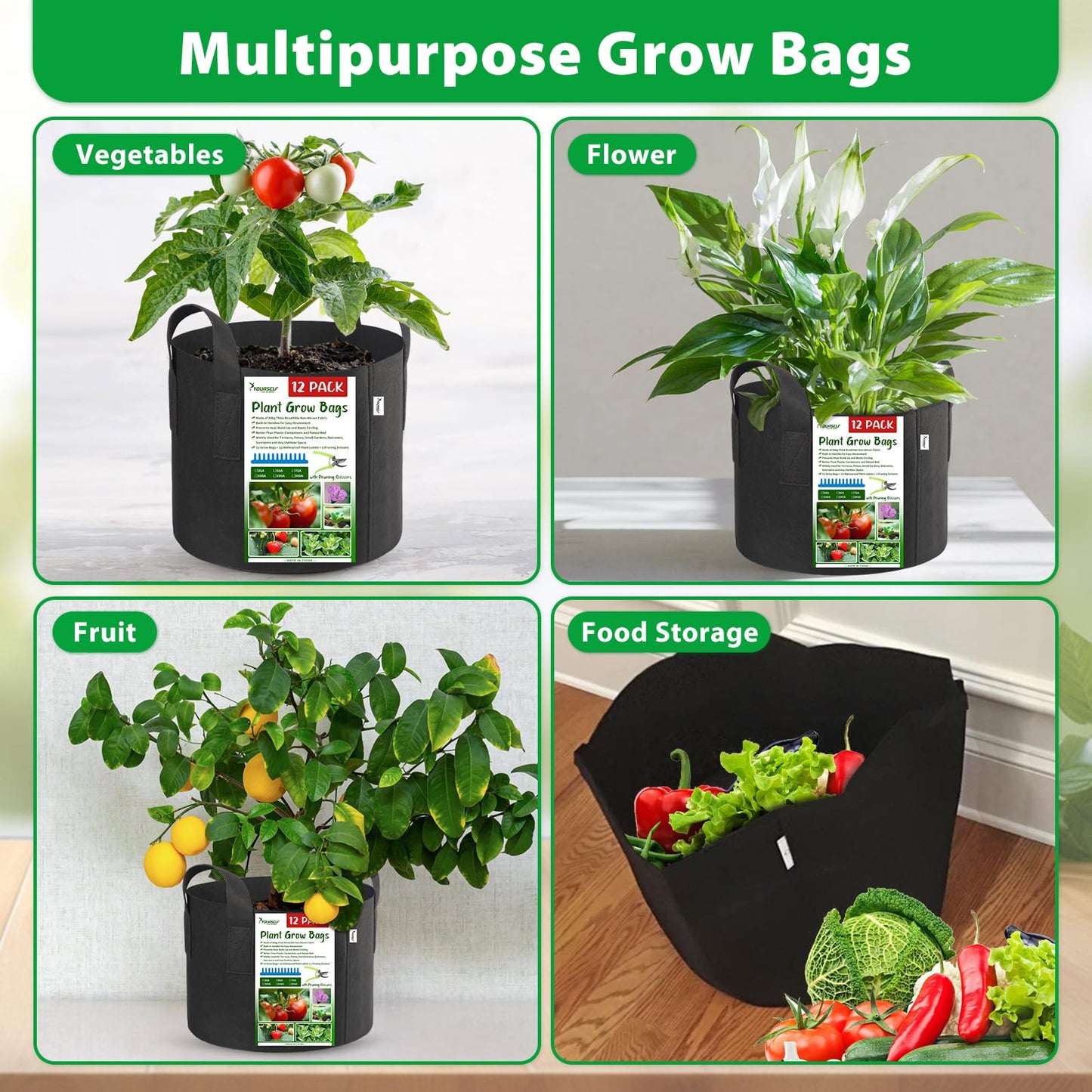 SYOURSELF Grow Bags 12 Pack 10 Gallon Grow Bags,300G Thickened Nonwoven Fabric Pots with Handles Potato Grow Bags Garden Bags for Vegetable Flower Garlic (12 Plant Lables+1 Pruning Scissors Included)