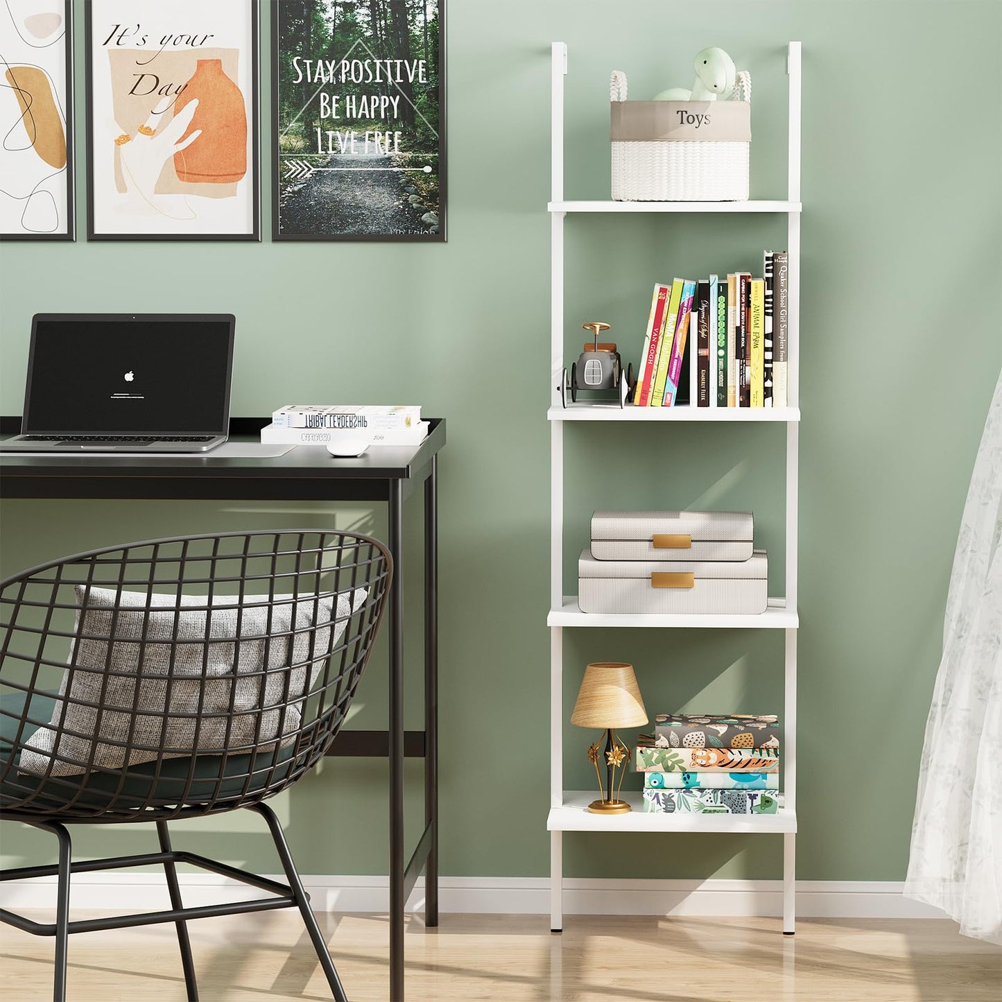 Ladder Shelf 4 Tiers Metal Industrial Bookshelf,White Wooden Tall Open Storage Rack and Display Shelves,Wall Mount Wide Bookcase for Home Office Bedroom,Small