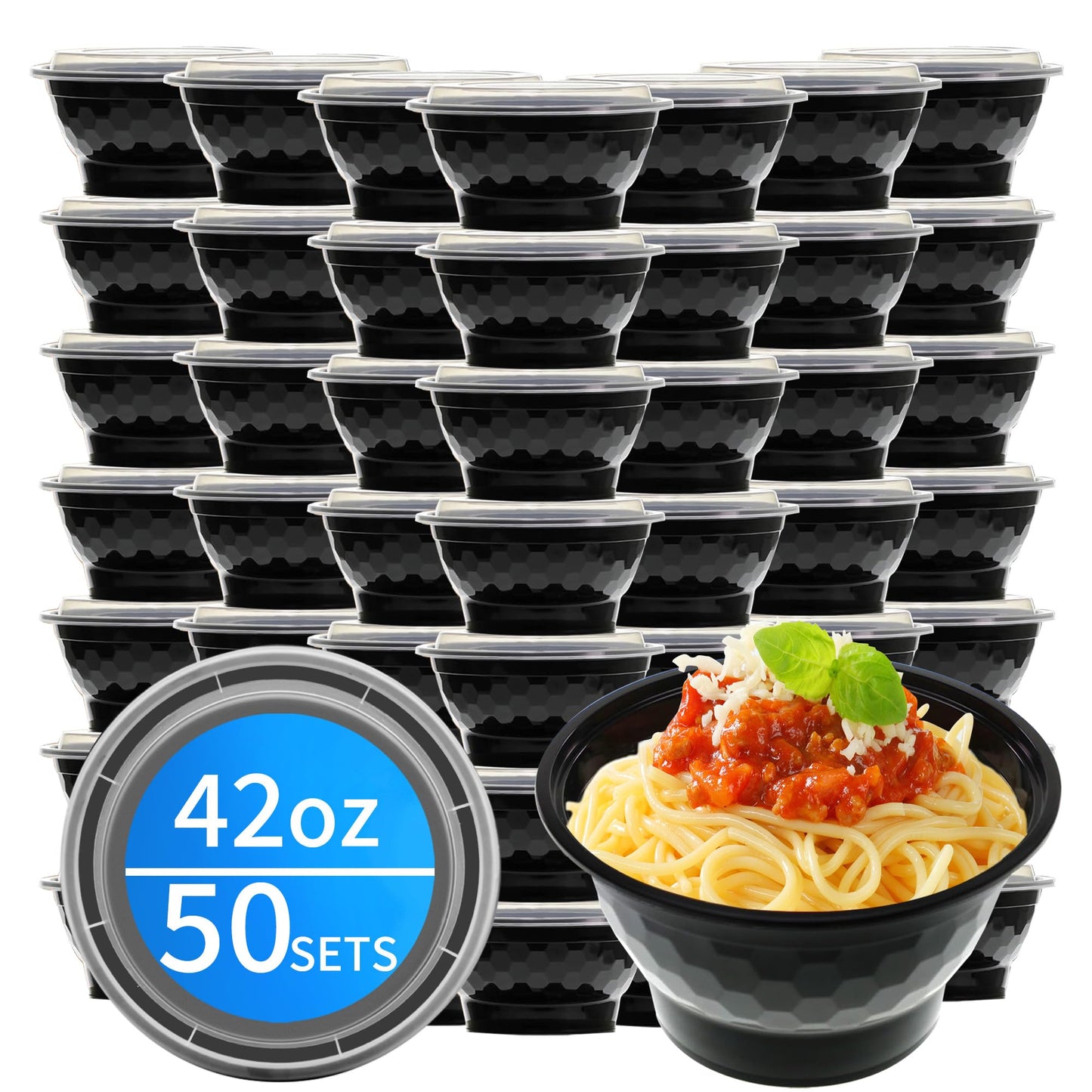 Apsic Meal Prep Bowls Containers, 50 Sets 42oz (100-Piece) Plastic Bowls with Lids for Soup Salad, Disposable To Go Food Storage Container, Round Lunch Box, BPA Free, Microwave/Dishwasher/Freezer Safe