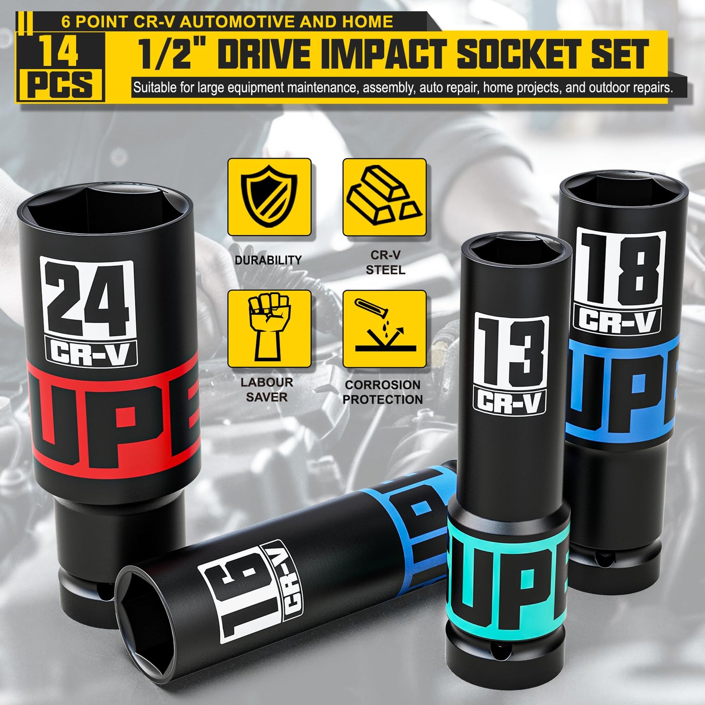 KIRXST 1/2" Drive 14-Piece Impact Socket Set, 10-24mm Thicker Deep Sockets with Heavy Duty Storage Case and 1/2 to 1/4 Impact Wrench Adapter, Socket Set for Automotive and Home, Metric, 6 Point