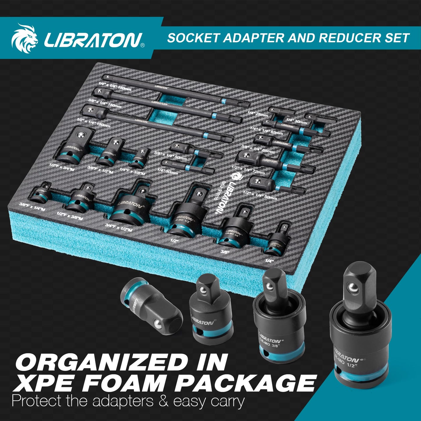LIBRATON 20PCS Socket Adapter and Reducer Set, Impact Socket Adapters, Includes Cr-V Reducers, Cr-Mo Universal Joints, Cr-V Socket Adapter Extension, XPE Foam, for Automotive Repair DIY Project