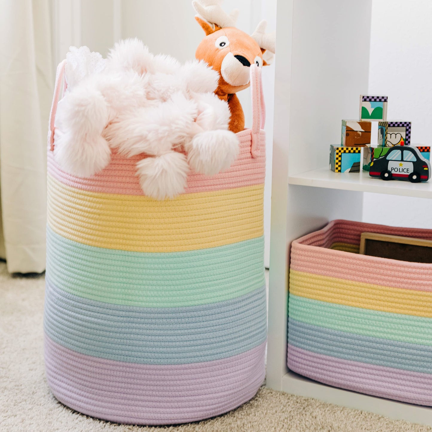 OrganiHaus Tall Rainbow Basket with Handles, Woven Cotton Rope Laundry Basket, Rope Baskets for Dirty Clothes,Towels and Blankets, Large Decorative Storage Bin for Bedroom - 38x45cm