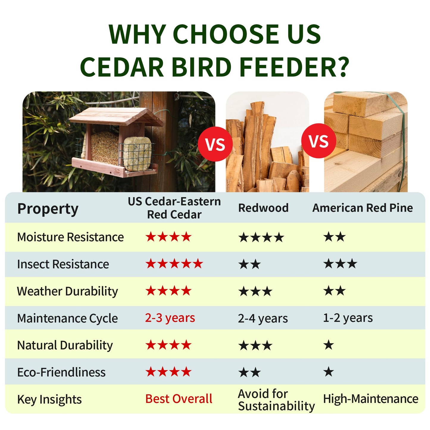 Solution4Patio USA Cedar Bird Feeder, Mangeur d'oiseaux extérieur, Wildbird Essentials Handmade Wooden Outdoor Patio Garden Yard Coop Tree Hanging with Double Plastic Window and Double Suet Holder