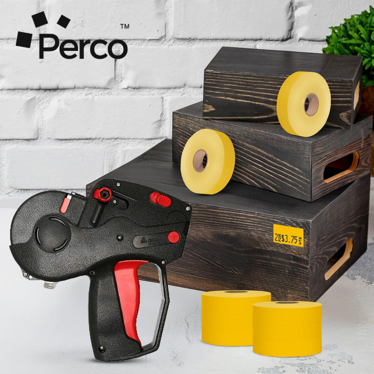 Perco Yellow Pricing Labels for Monarch 1131 Price Gun - 1 Sleeve, 8 Rolls, 20,000 Price Marking Labels - with Ink Roll Included