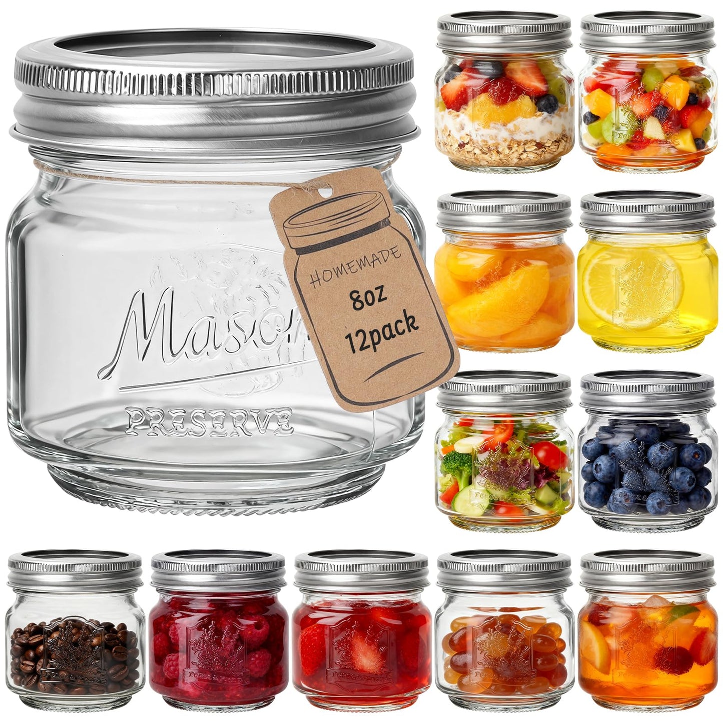 CycleMore 8oz 12 Pack Mason Jars with Silver Metal Lids, Embossed Design Canning Jars, Clear Glass Storage Jars for for Gifts, Jam, Pickling, Crafts, Wedding Favors & Home Decor