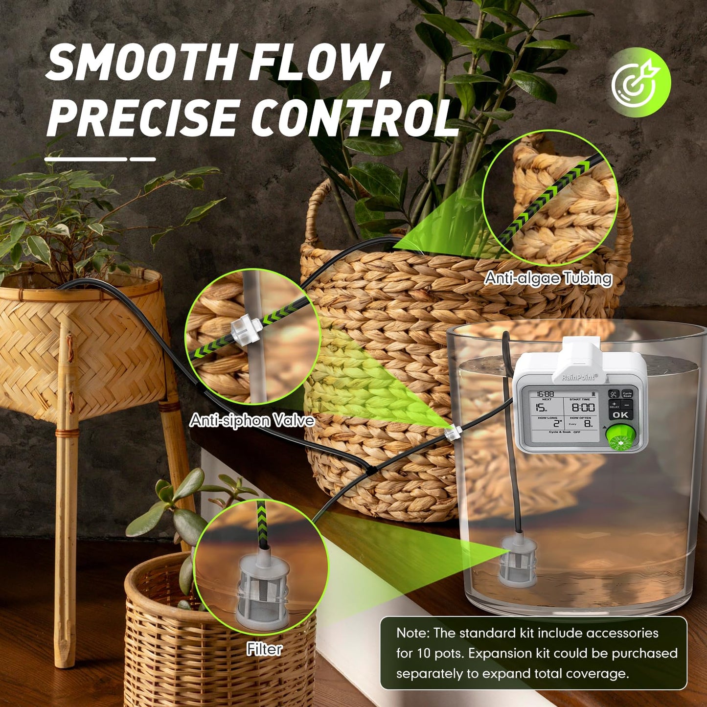 RAINPOINT Large Display Automatic Plant Waterer Indoor for Pot Plants,Cycle & Soak Mode Vacation Self Watering Drip Irrigation System Device Kit Office Patio Greenhouse Grow Tent Water 10-15 Plants