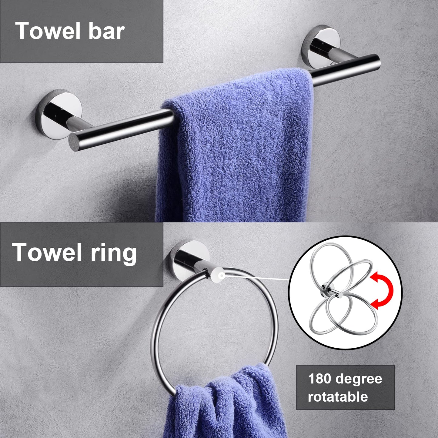 6 Pieces Polished Chrome Bathroom Hardware Accessories Set Hand Towel Ring 18&23.6 inch Round Towel Bar Silver Toilet Paper Holder Towel Hooks 2 Pieces SUS 304 Stainless Steel,Heavy Duty,Wall Mounted…