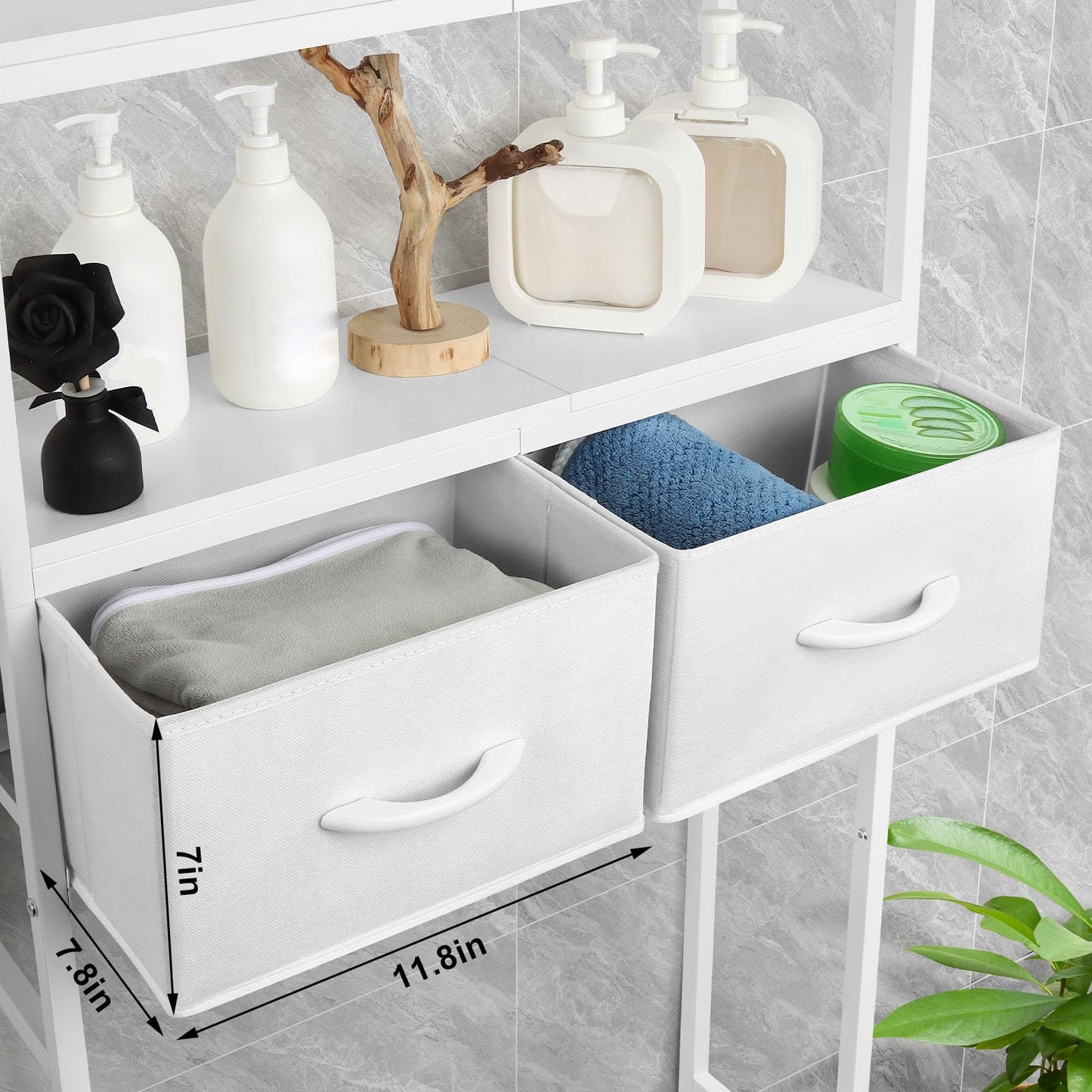 3-Tier Over The Toilet Storage Cabinet with Fabric Drawers Toilet Shelf Organizer with 4 Hooks Freestanding Bathroom Space Saver White