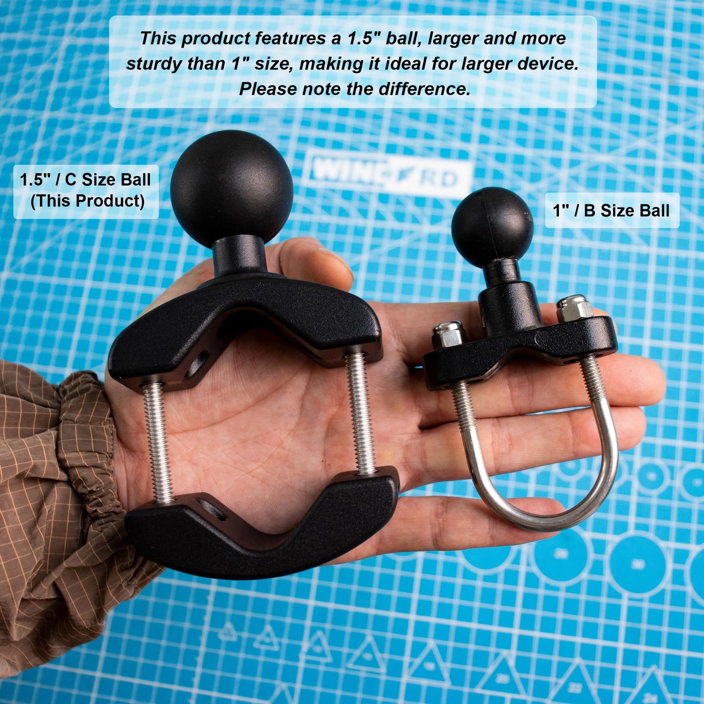 WINDFRD Aluminum Grab Bar Clamp Mount Base with 1.5'' Ball for Rails 1.18'' to 2'' in Diameter, Compatible with RAM Mounts C Size 1.5 Inch Ball Double Socket Arm