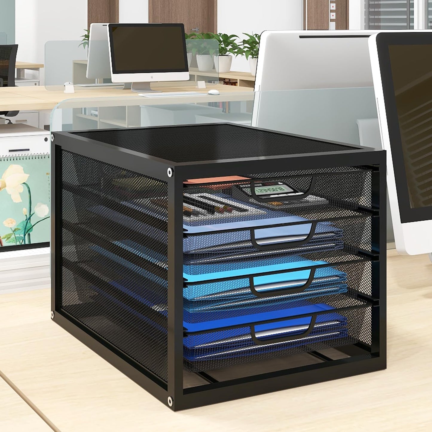 Natwind Mesh Desk Organizer with 4 Tier Sliding Drawers, Paper Sorter, Multi-Functional Home Office Supplies Storage Tray for Letters, Documents, Books, Mail, Files, Arts & Crafts Supplies - Black