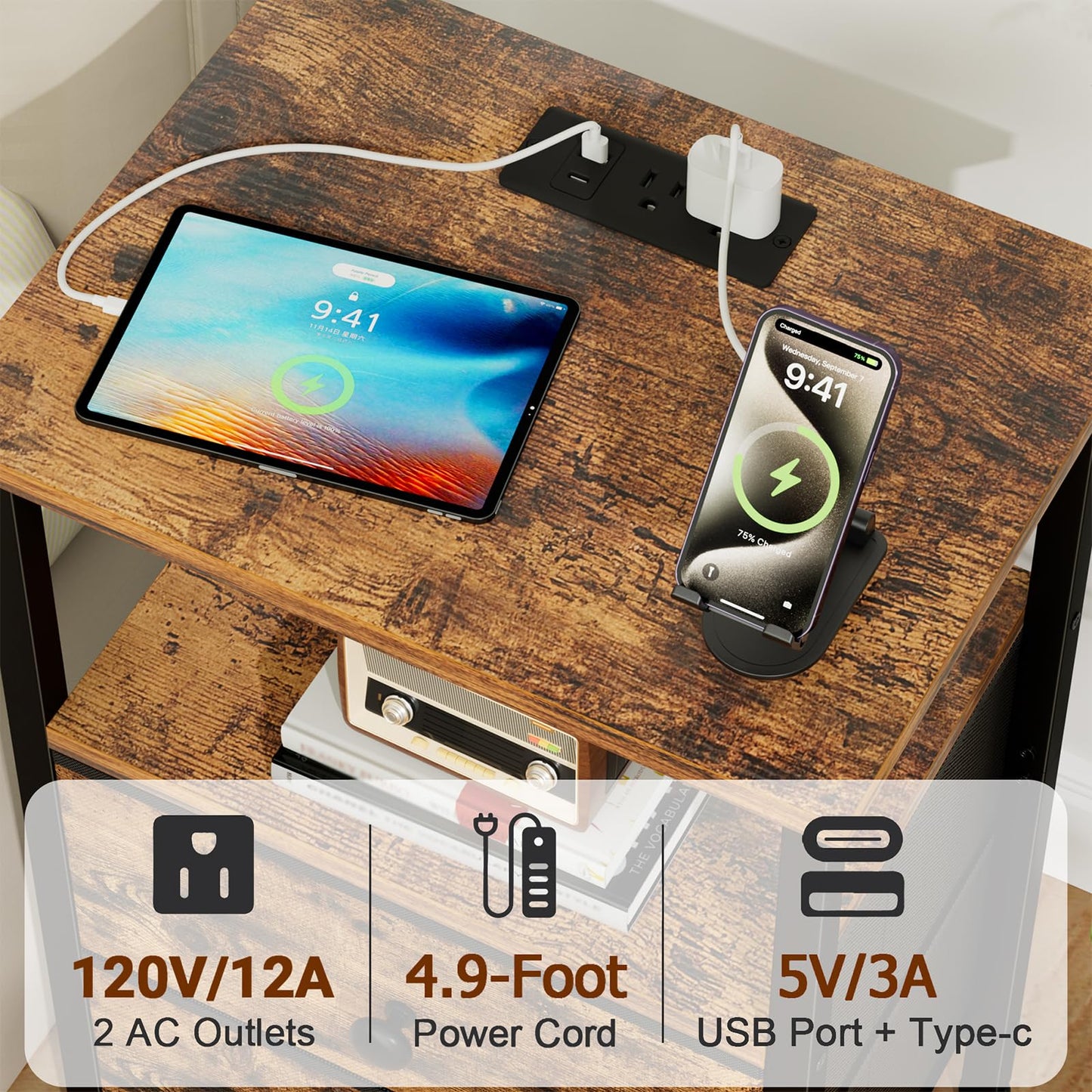 LOAKEKEL Night Stand with Charging Station, Small Bedside Table with Fabric Drawer, Nightstand with USB Ports & Outlets for Bedroom, Living Room, Brown, HETS020BR-1