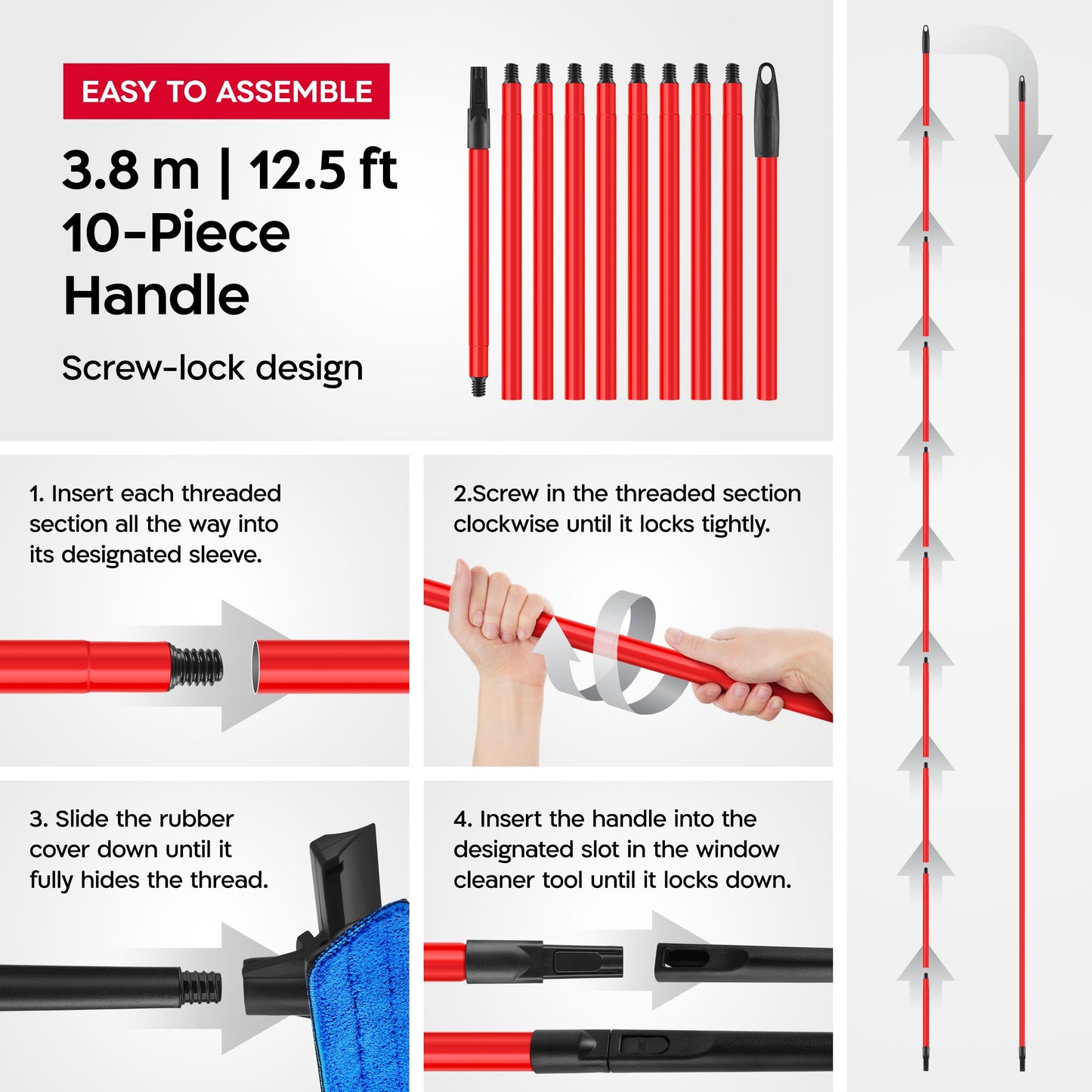 Tyroler 2-in-1 High Window Cleaning Tool | Window Squeegee Extendable with 3.8m 10-Part Handle | Squeegee Window Cleaner Tool Made of 100% Natural Rubber | Perfect Window Cleaning & Washing Kit