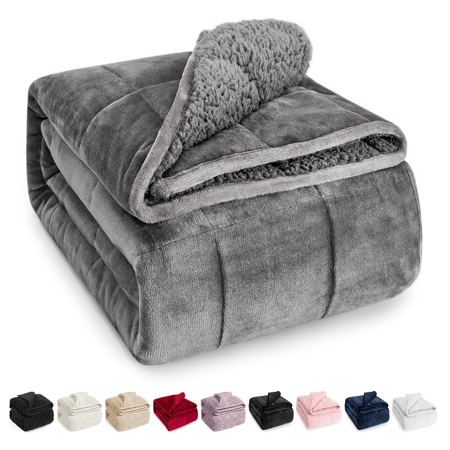 Wemore Sherpa Fleece Weighted Blanket for Adult, 15 lbs Dual Sided Cozy Fluffy Heavy Blanket, Ultra Fuzzy Throw Blanket with Soft Plush Flannel Top, 60 x 80 inches Grey on Both Sides